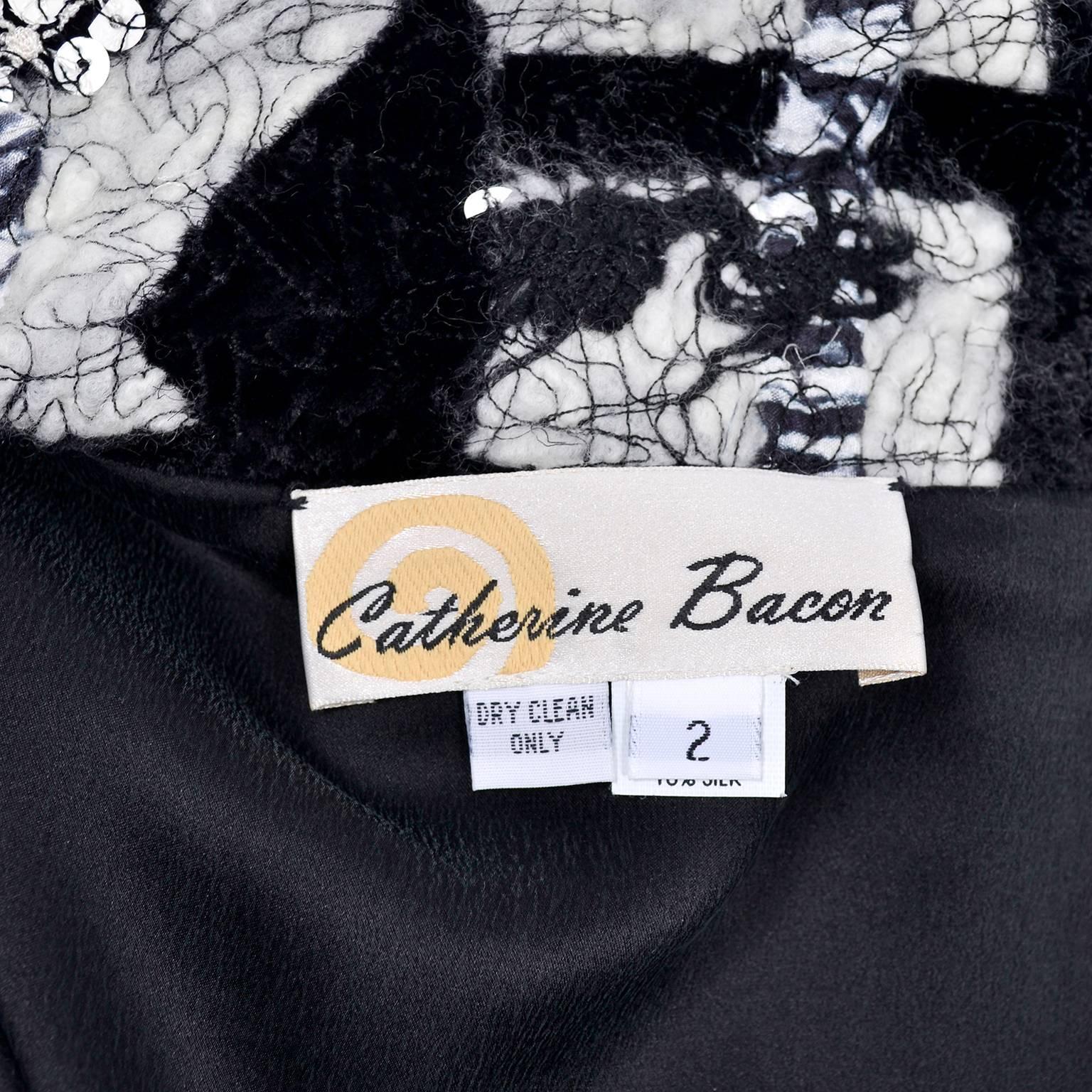 Catherine Bacon Vintage Evening Coat in Black Velvet White Mohair Wool & Sequins For Sale 4