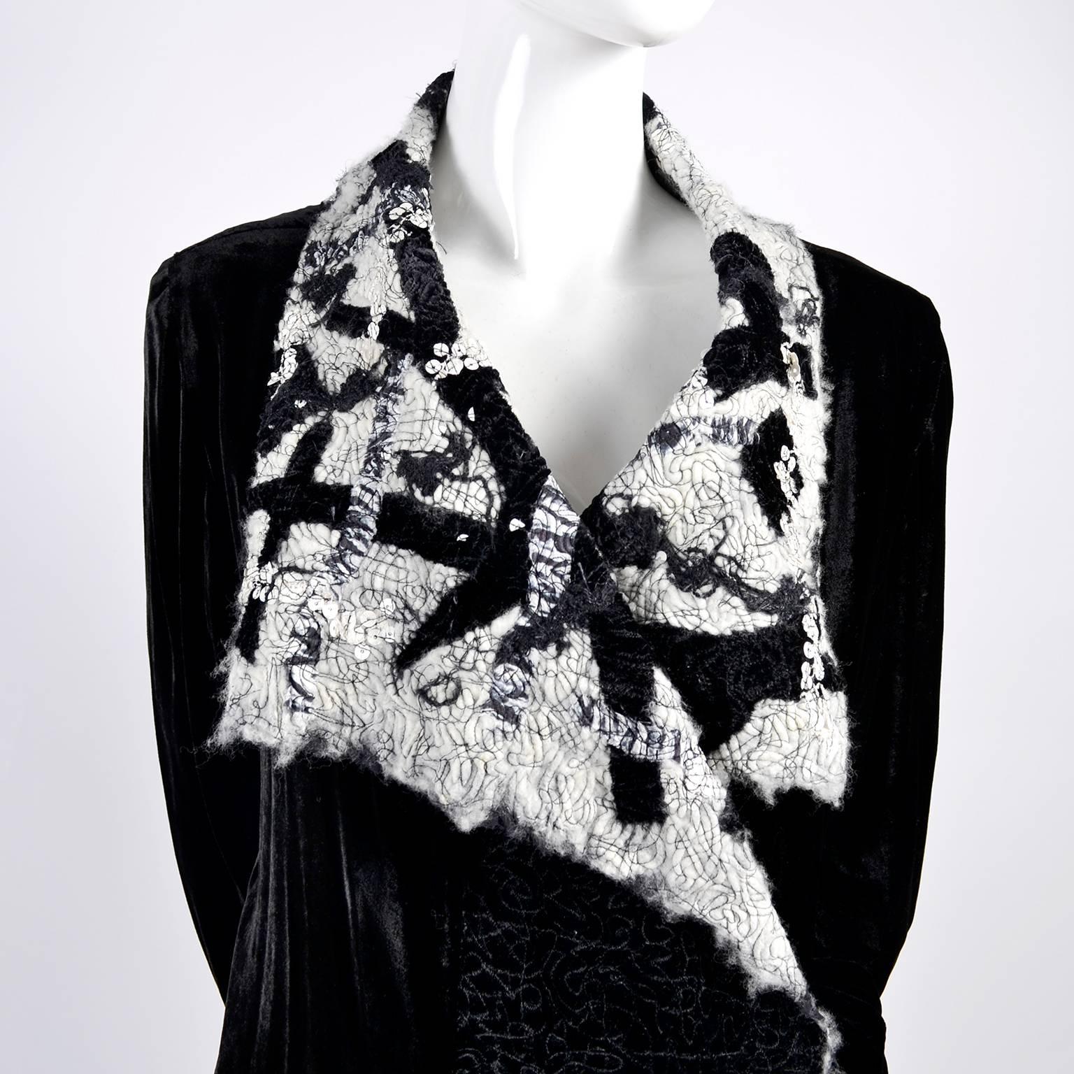 Catherine Bacon Vintage Evening Coat in Black Velvet White Mohair Wool & Sequins For Sale 5