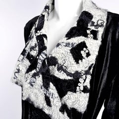 Catherine Bacon Vintage Evening Coat in Black Velvet White Mohair Wool & Sequins