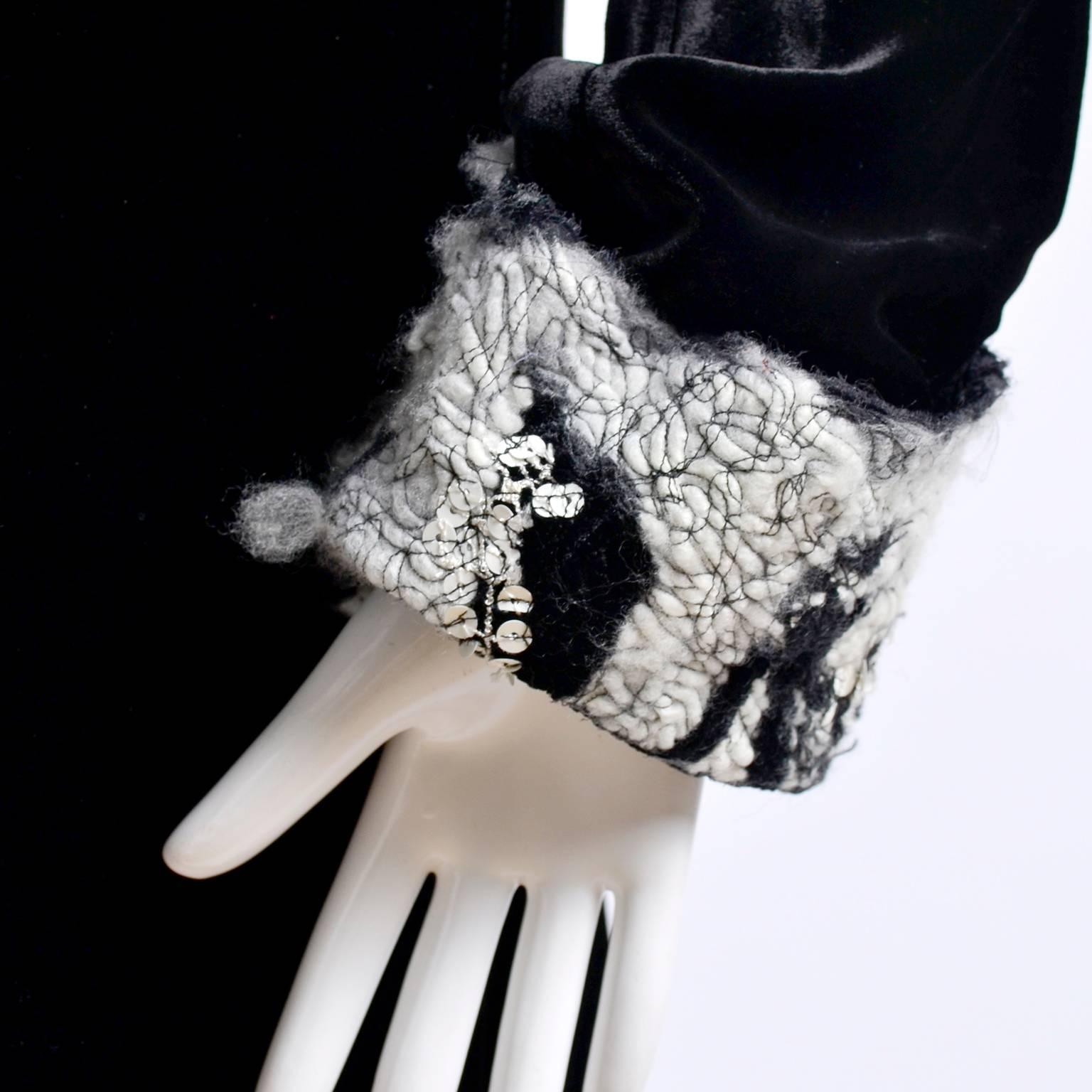 Women's Catherine Bacon Vintage Evening Coat in Black Velvet White Mohair Wool & Sequins For Sale