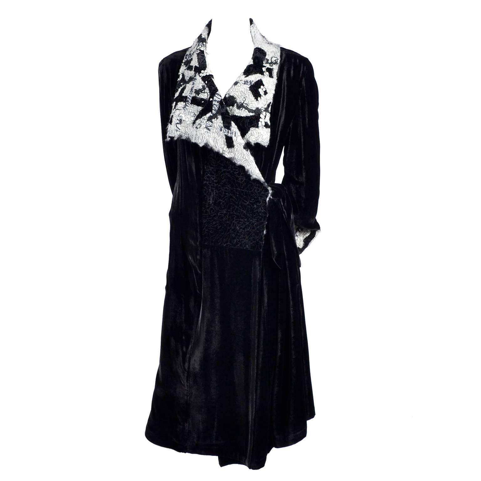 Catherine Bacon Vintage Evening Coat in Black Velvet White Mohair Wool & Sequins For Sale