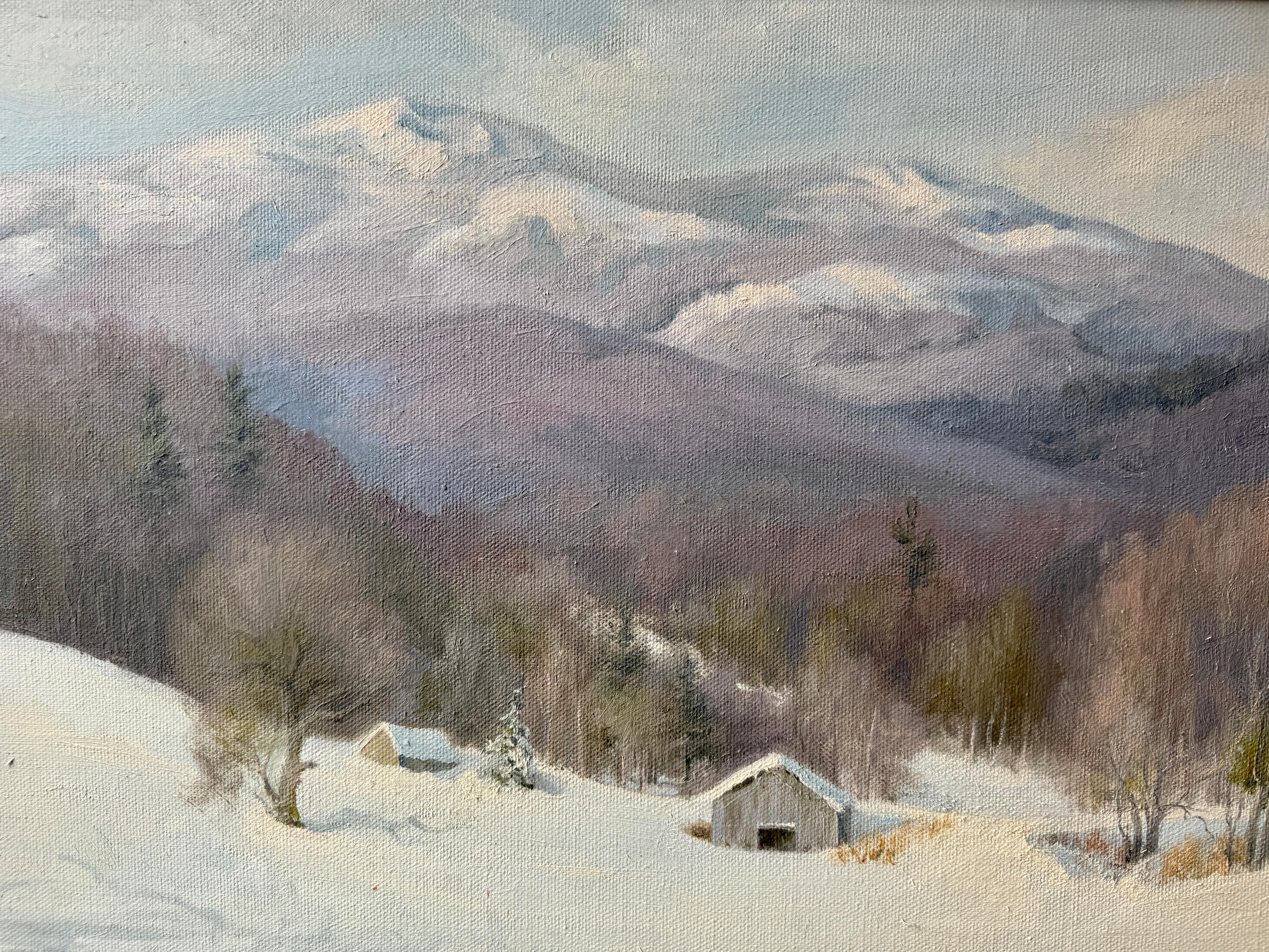 Snow in New England Farm Beneath The Snow Capped Mountains By Catherine Bogardus For Sale 1