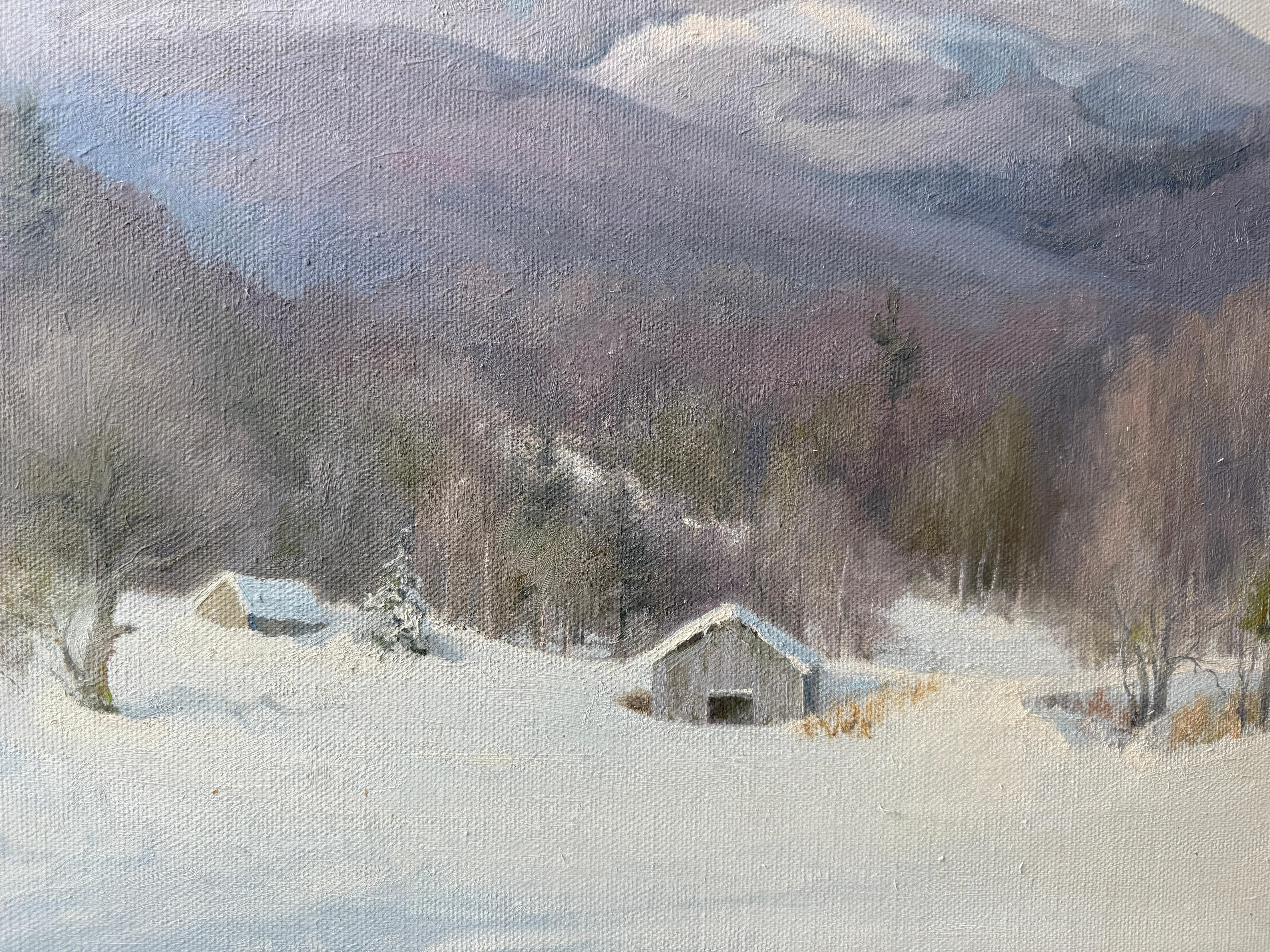 Snow in New England Farm Beneath The Snow Capped Mountains By Catherine Bogardus For Sale 2