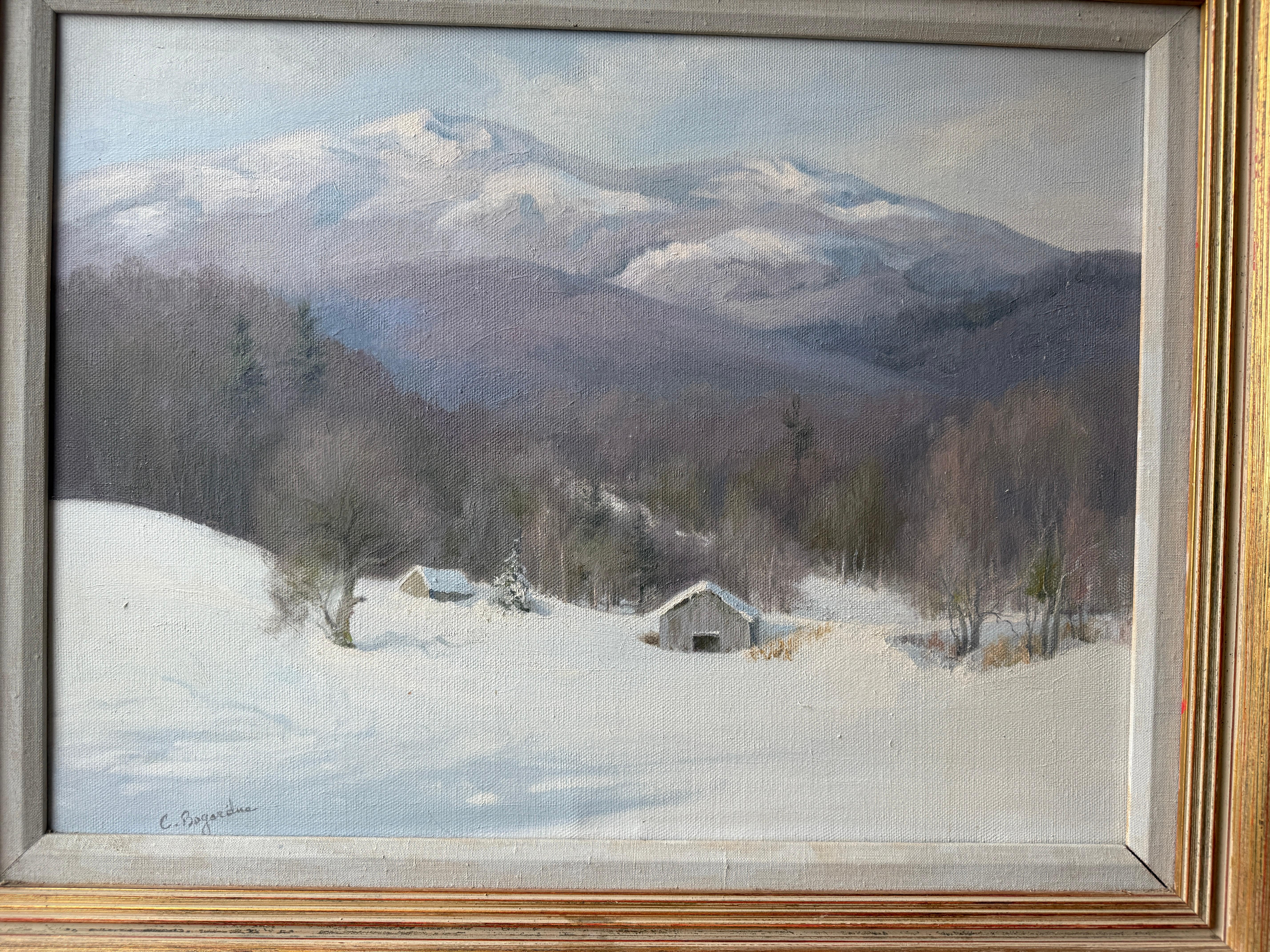 Snow in New England Farm Beneath The Snow Capped Mountains By Catherine Bogardus For Sale 3