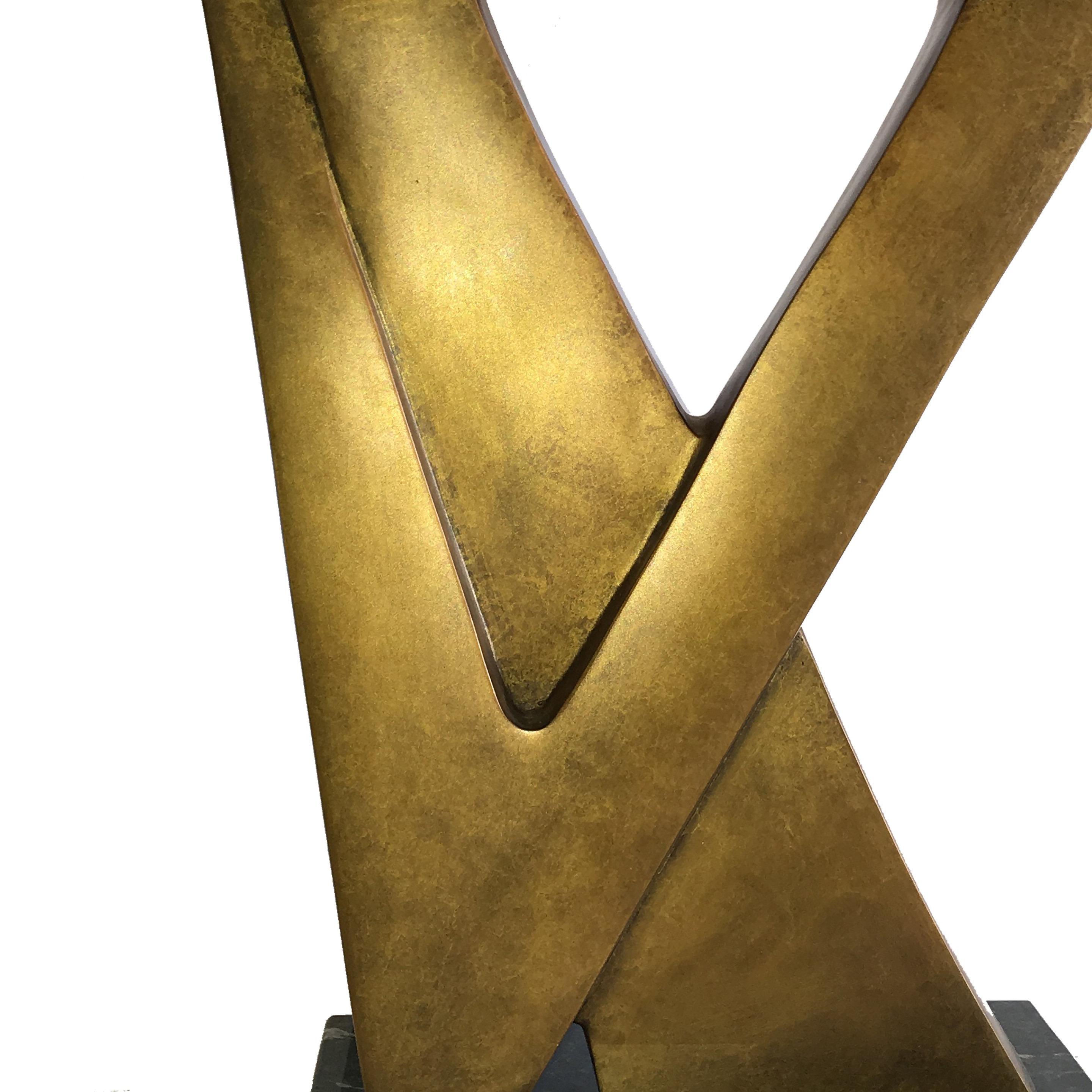Catherine Bohrman: The quiet encounter of two lovers kissing is captured in this wonderful cast bronze with a gold patina.  The softness of the moment of her reach to him is captured in this beautiful cubist style piece.  She demands attention in