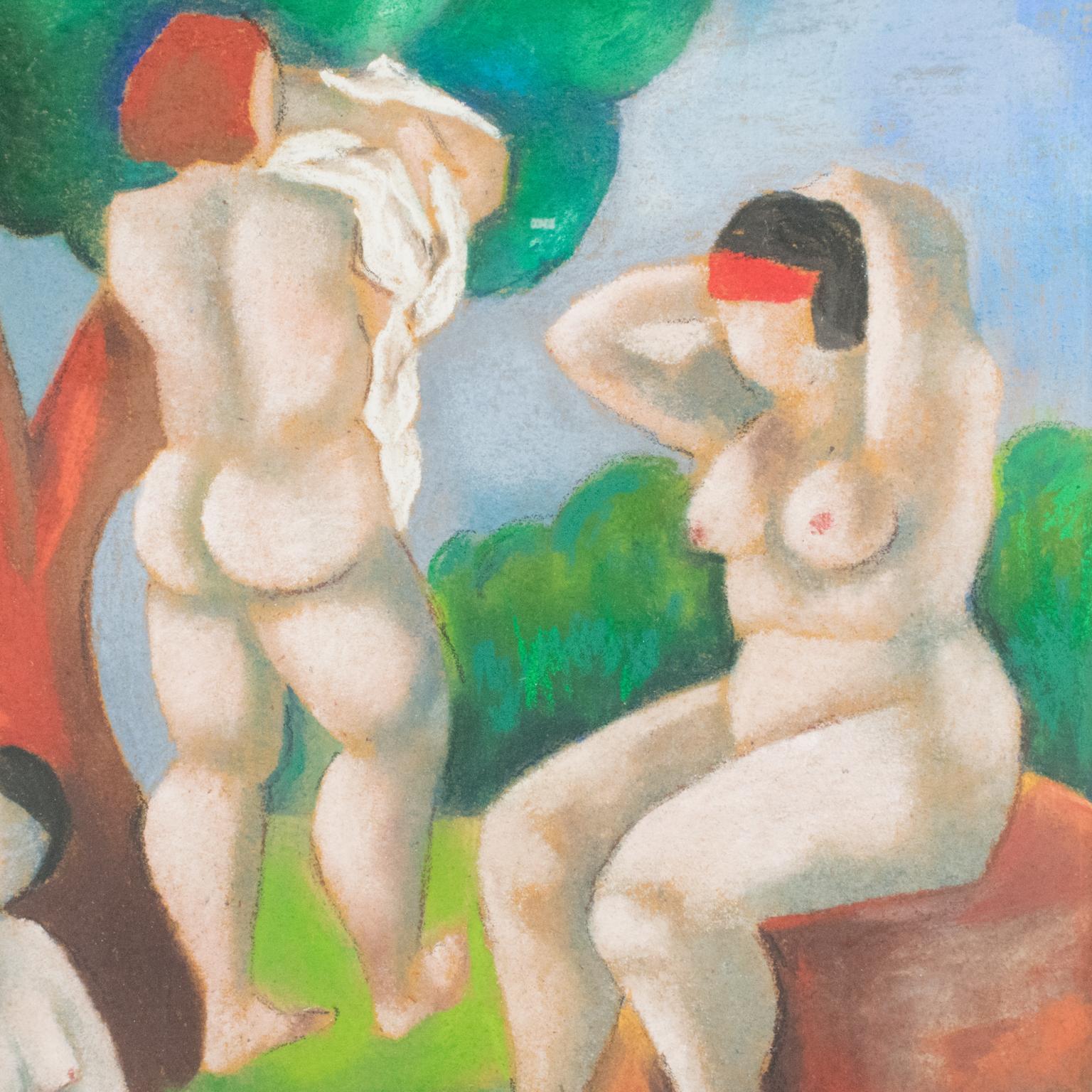 Nude Women Bathers Pastel Painting by Catherine Bres-Rhocanges For Sale 6