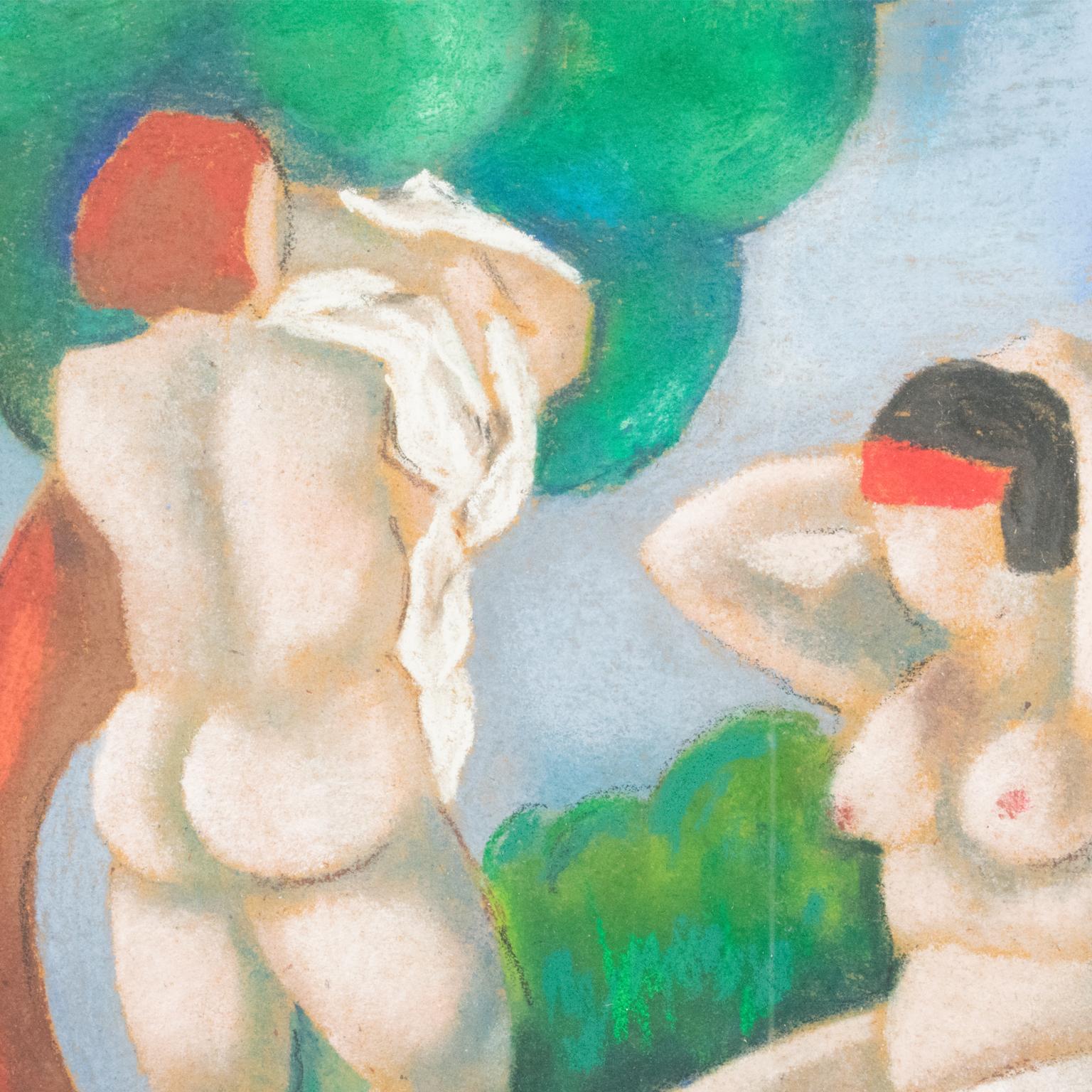 Nude Women Bathers Pastel Painting by Catherine Bres-Rhocanges For Sale 8
