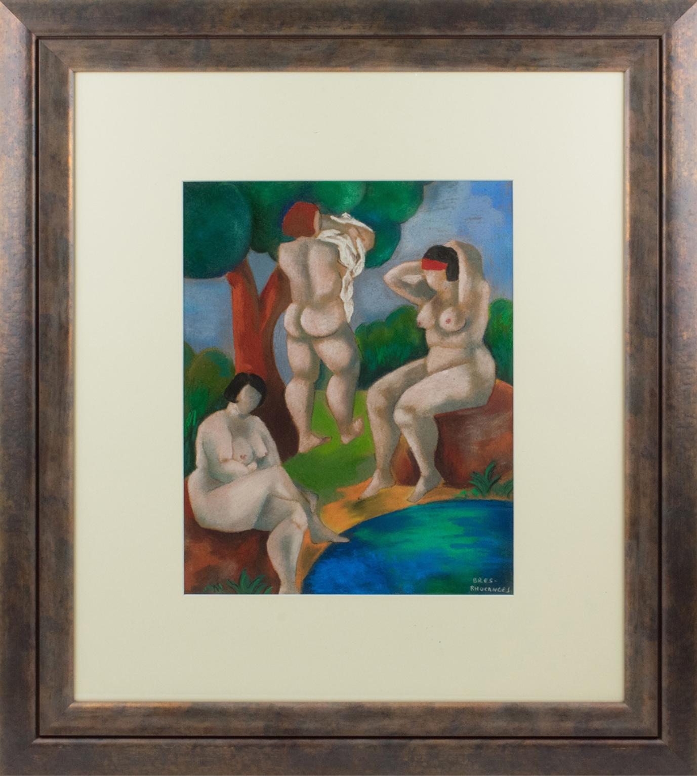 This pastel painting by Catherine Bres-Rhocanges (1947 -) is titled "Group of Bathers" and signed on the bottom right corner "Bres-Rhocanges."
Catherine Bres-Rhocanges paints women with generous forms and fine ties. Of cubist influence, the bodies