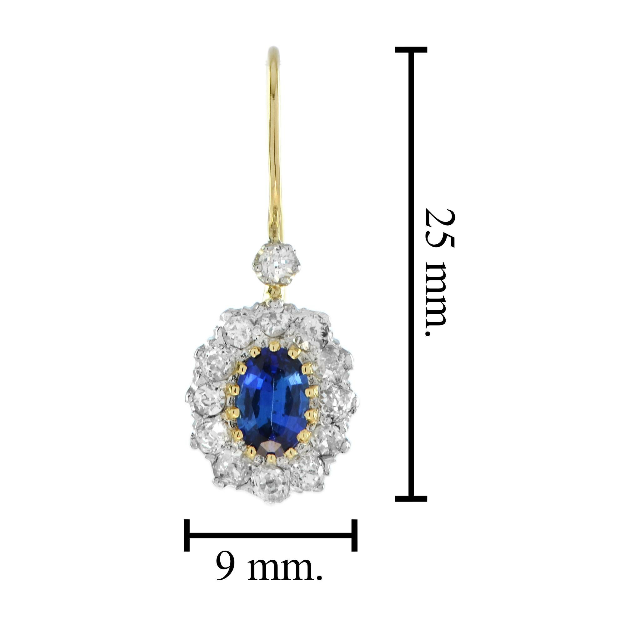 Oval Cut Catherine Ceylon Sapphire and Diamond Drop Earrings in 18K Yellow Gold For Sale