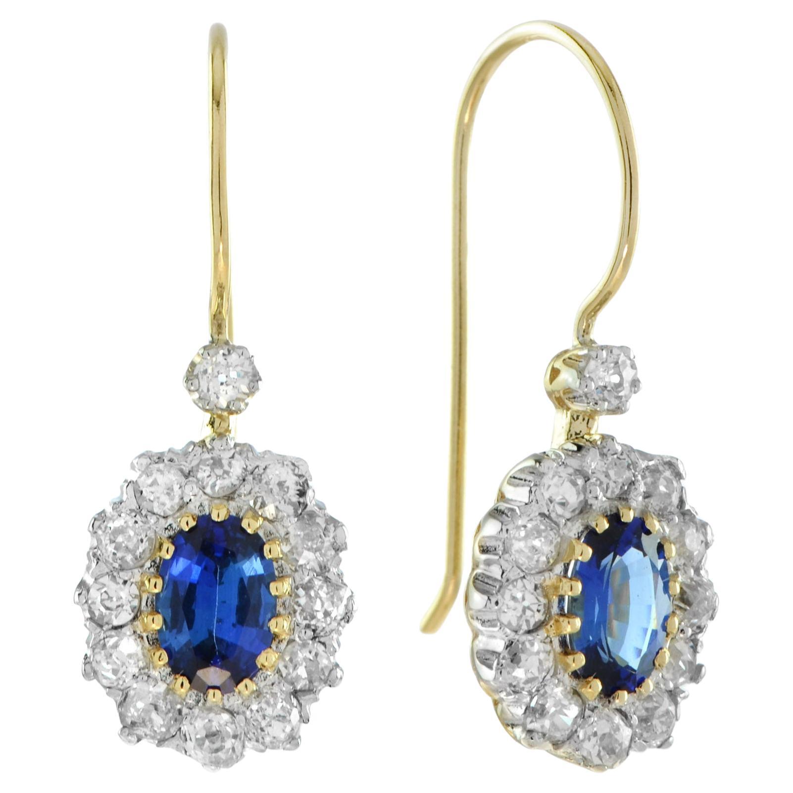 Catherine Ceylon Sapphire and Diamond Drop Earrings in 18K Yellow Gold For Sale
