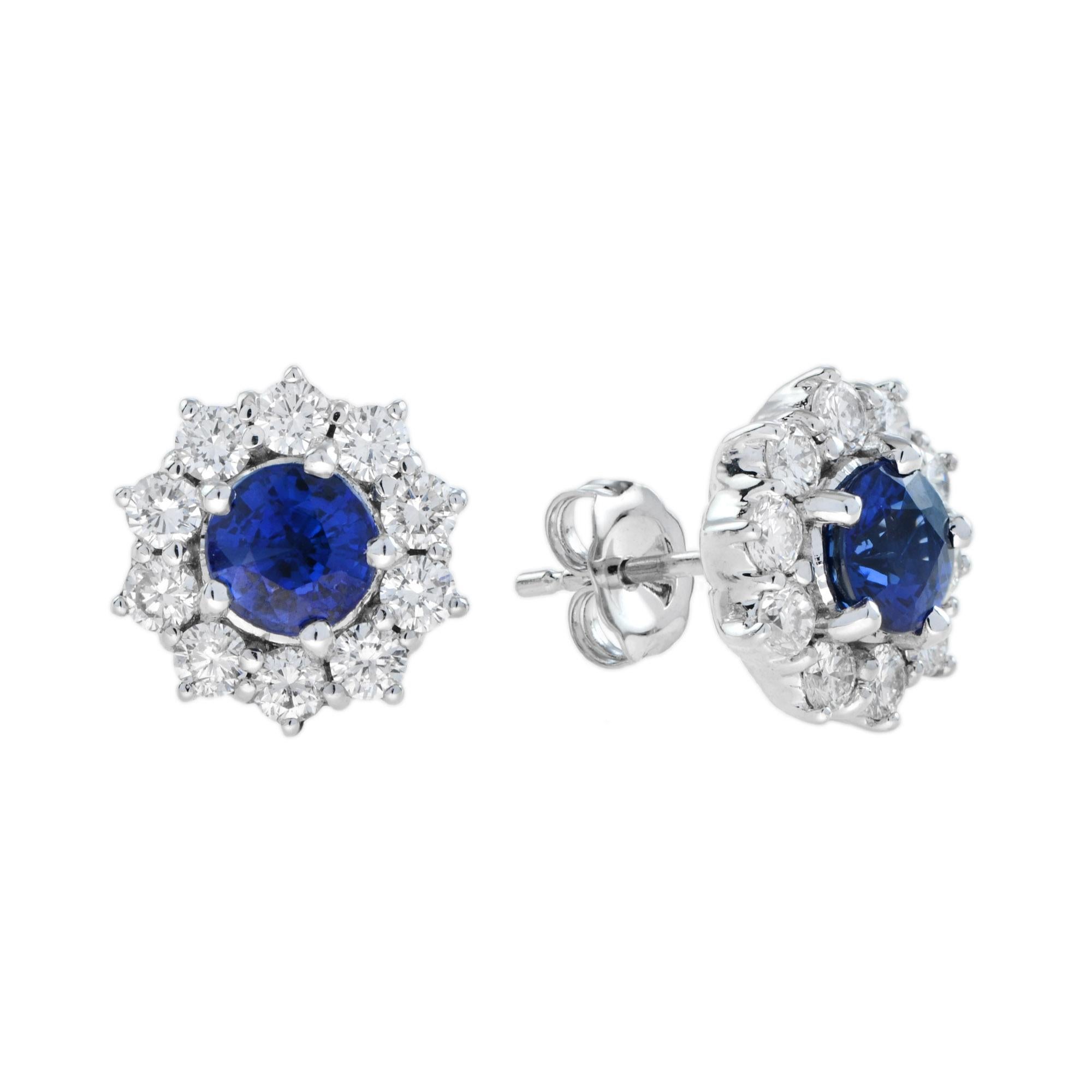 Catherine Ceylon Sapphire and Diamond Stud Earrings in 18K White Gold For Sale