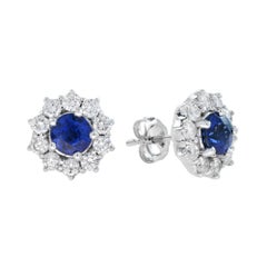 Vintage Round Cut Ceylon Sapphire and Diamond Stud Earrings in 18K White Gold