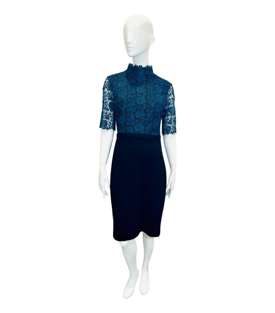 Catherine Deane Lace Sheath Dress

Midi 'Jena' dress designed with teal lace, high-neck top detailed with three-quarter sleeves and black, pencil skirt.

Featuring concealed zip fastening to rear and slit to rear.

Size – 12UK

Condition – Good