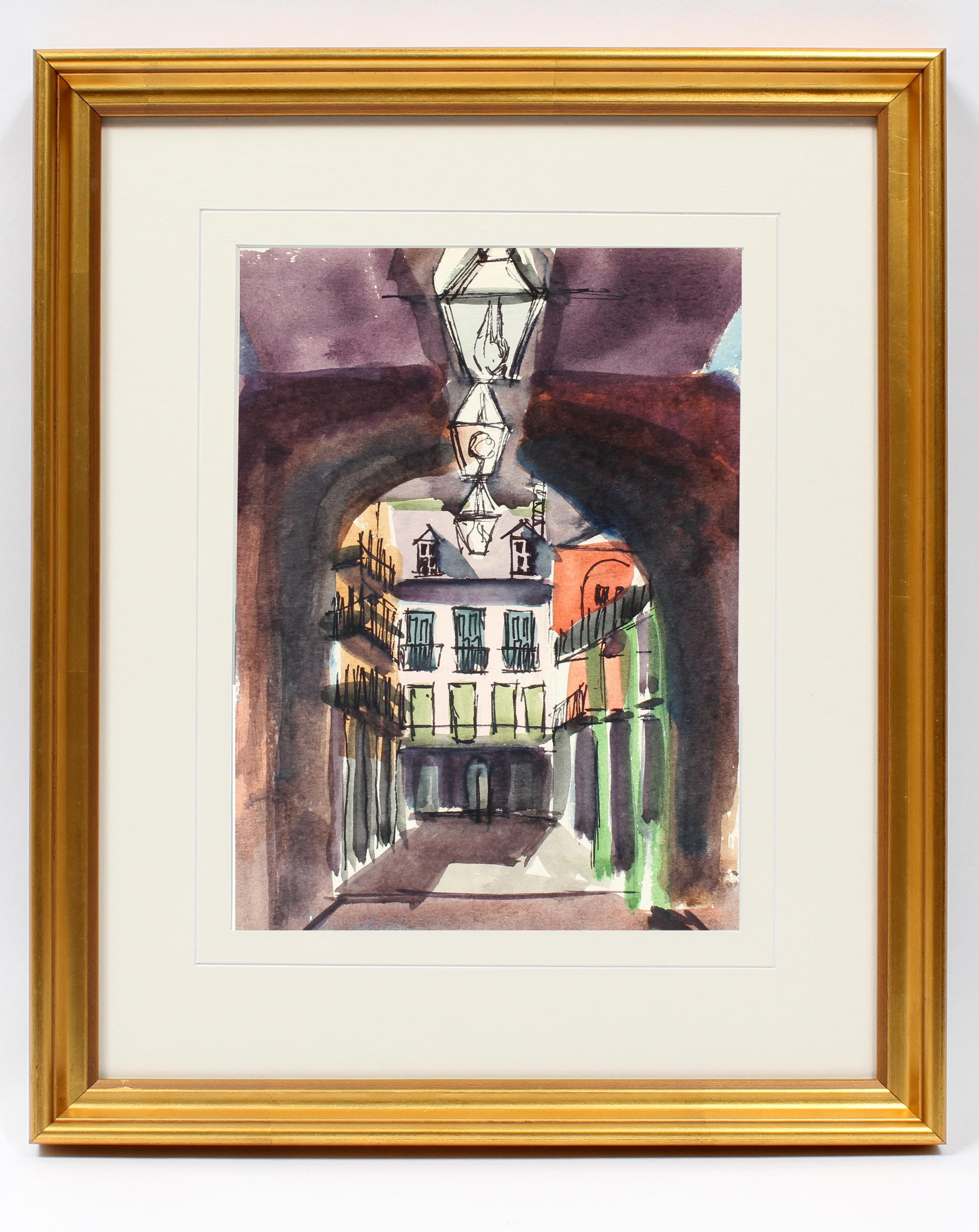 Set of 5 Paintings of New Orleans Catherine Parker Burchfield 1970 Rare Framed - Gray Figurative Painting by Catherine Esther Burchfield Parker