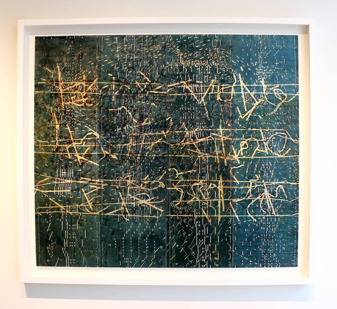String Trio, monoprint on perforated paper - Print by Catherine Farish