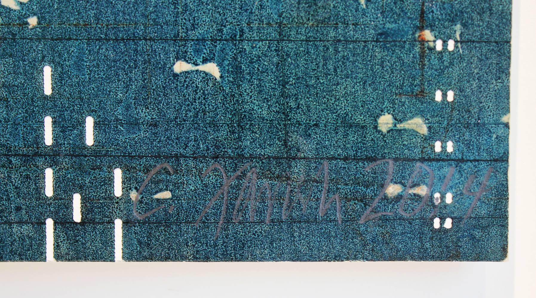 Catherine Farish's new abstract monoprints on player piano paper were layered using 9 different plates and audio tape. This print is framed with non-reflective museum glass.

