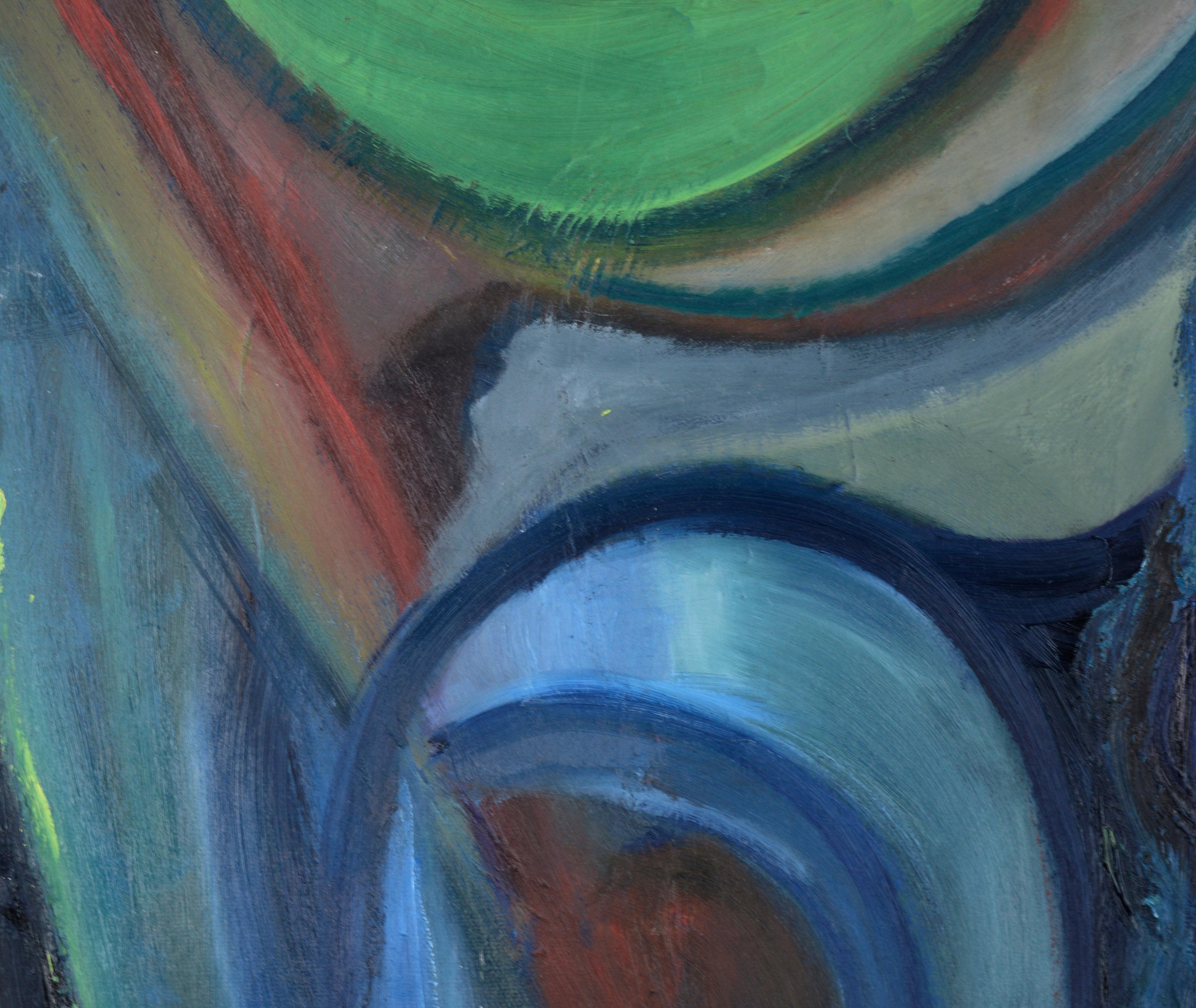 Audace composizione astratta dell'artista californiana Catherine Freethy (americana, nata nel 1962). Forme audaci e ampie confluiscono l'una nell'altra in questo astratto verticale, con una tavolozza principalmente blu, gialla, verde e rossa.