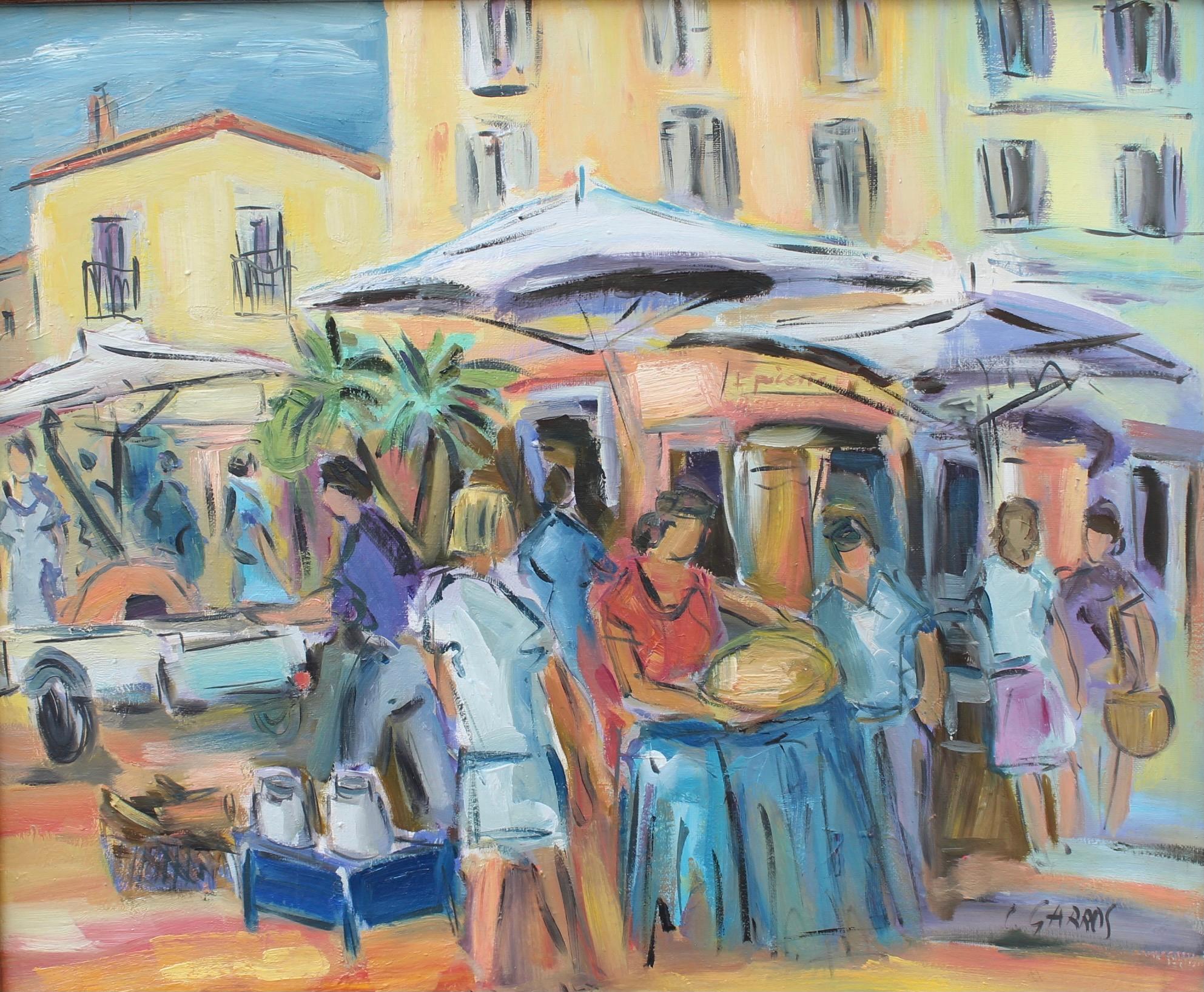 'Il mercato delle pulci', olio su tela, di Catherine Garros (circa anni '90). Lo spettatore può sentire la luce della Costa Azzurra risplendere attraverso questa seducente opera d'arte che raffigura dei passeggiatori che si aggirano per il mercato