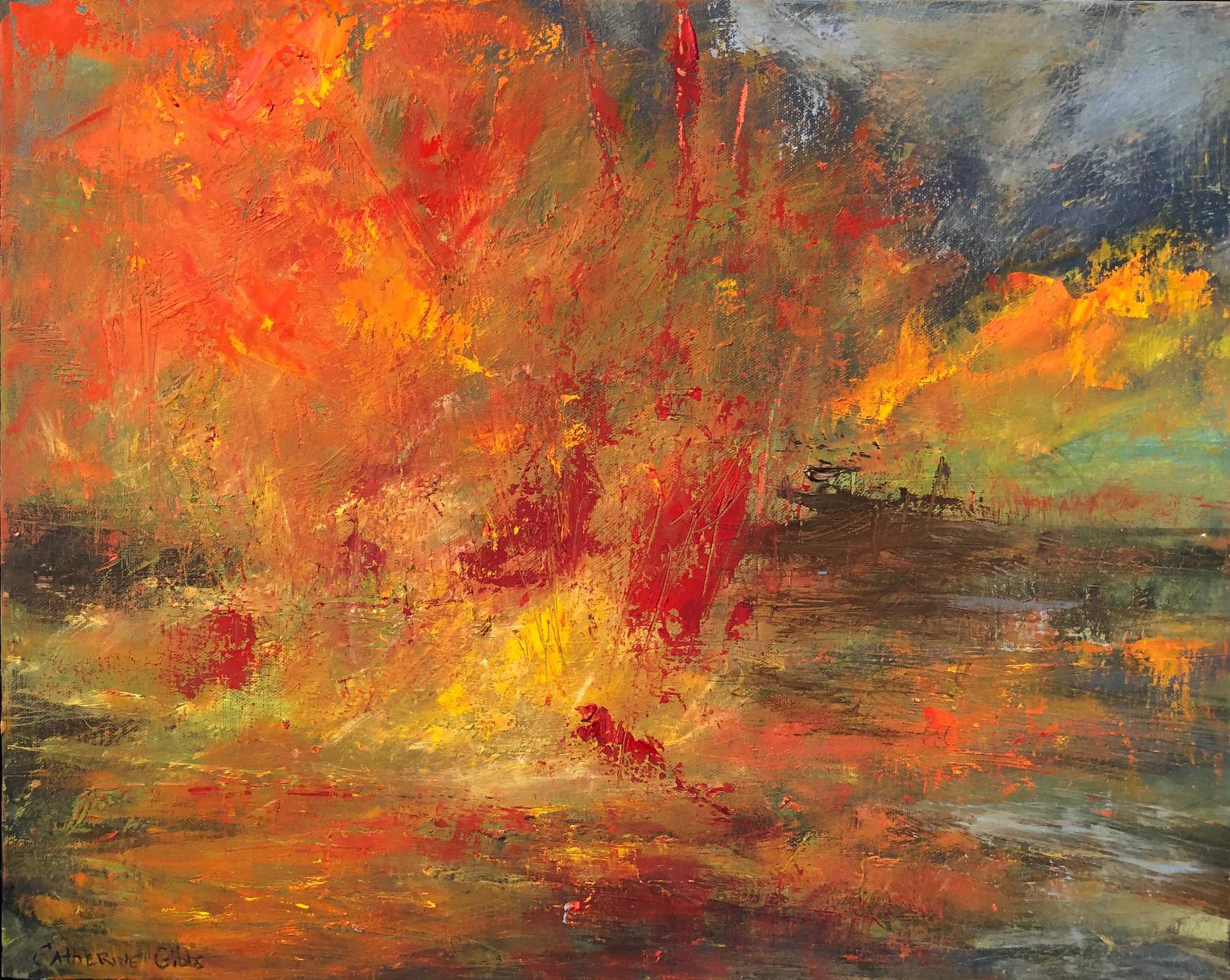 Landscape Painting de Catherine Picard-Gibbs - "Ablaze", abstracto, paisaje, otoño, amarillo, naranja, rojo, óleo