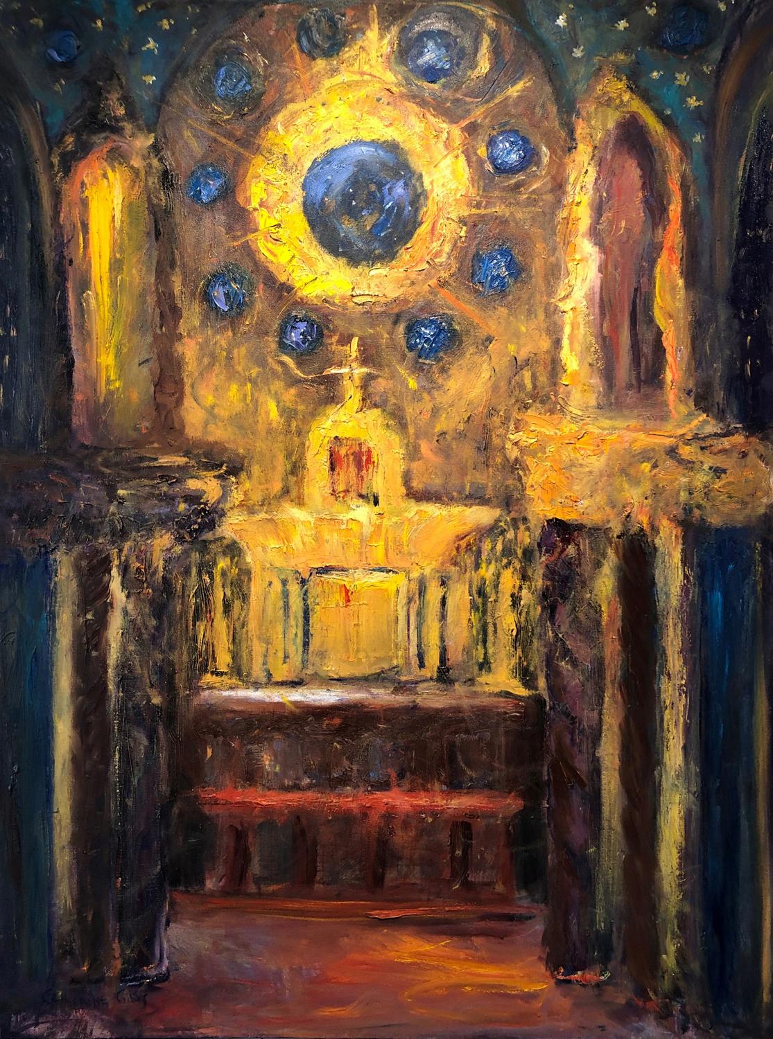 Catherine Picard-Gibbs Interior Painting - "Altar with Celestial Blue and Gold", expressionist, textural, oil painting