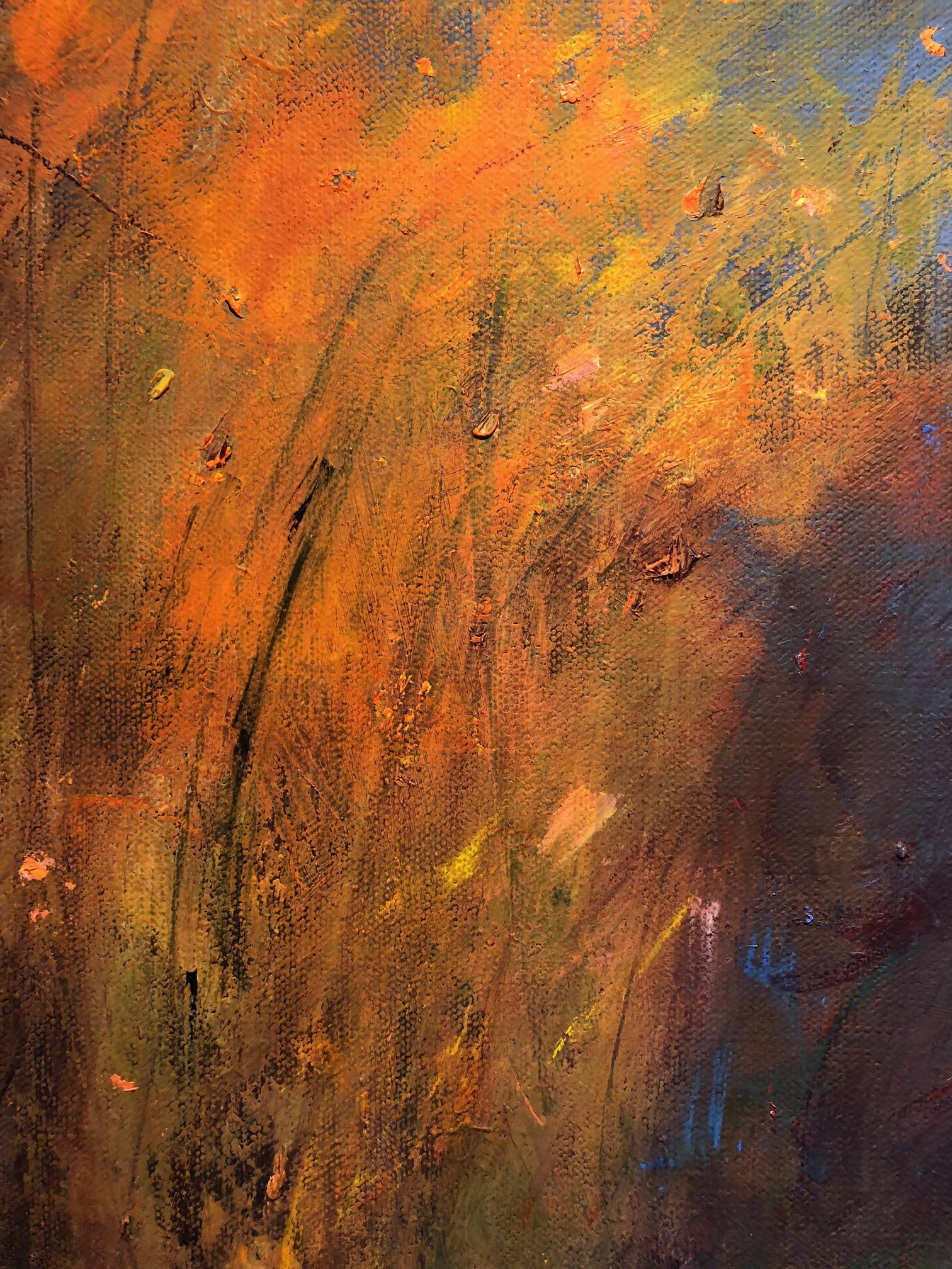 « Backlit Mountain », paysage, crépuscule, rouges, jaunes, verts, bleu, peinture à l'huile - Marron Landscape Painting par Catherine Picard-Gibbs