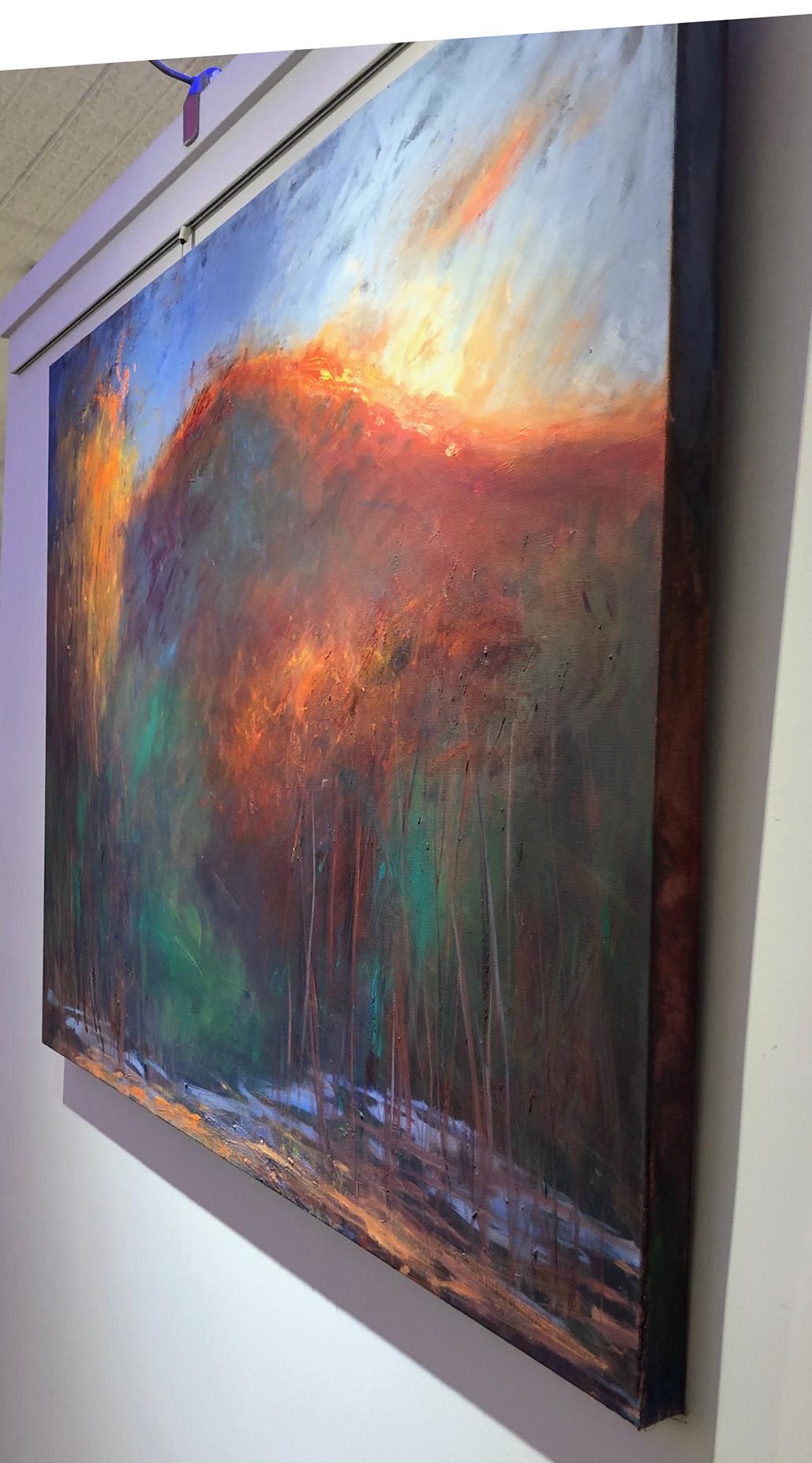 « Backlit Mountain », paysage, crépuscule, rouges, jaunes, verts, bleu, peinture à l'huile en vente 2