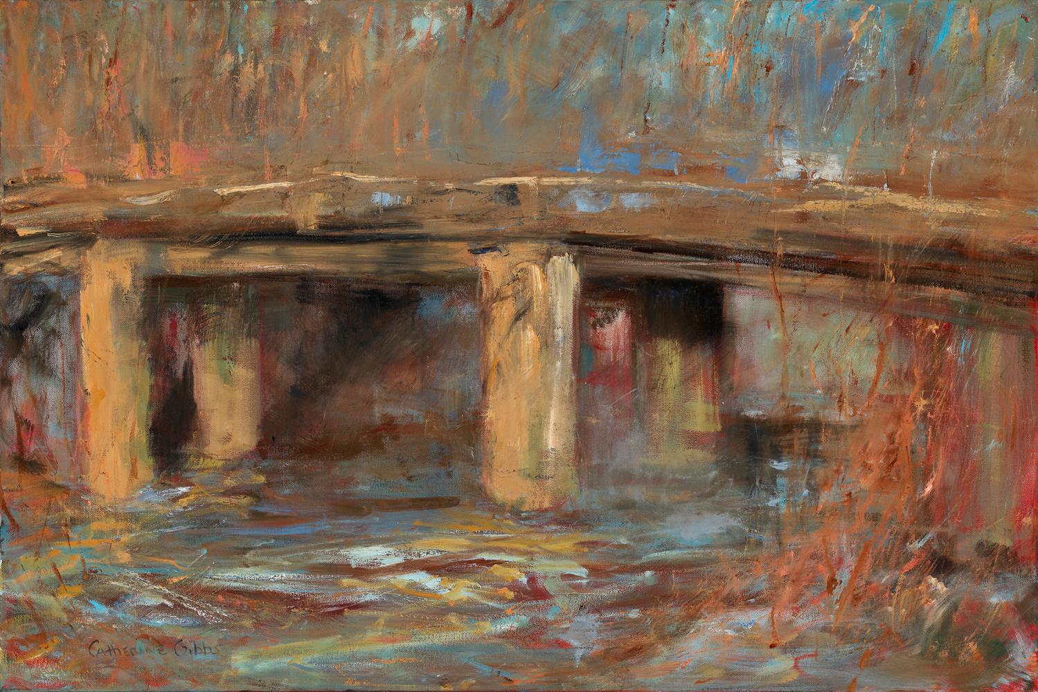 "Cement Bridge", oil painting, landscape, contemporary, yellow, brown, orange - Painting by Catherine Picard-Gibbs