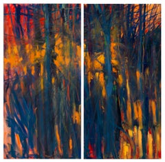 "Embers of the Day Diptych", abstrait, textural, paysage, coucher de soleil, peinture à l'huile.