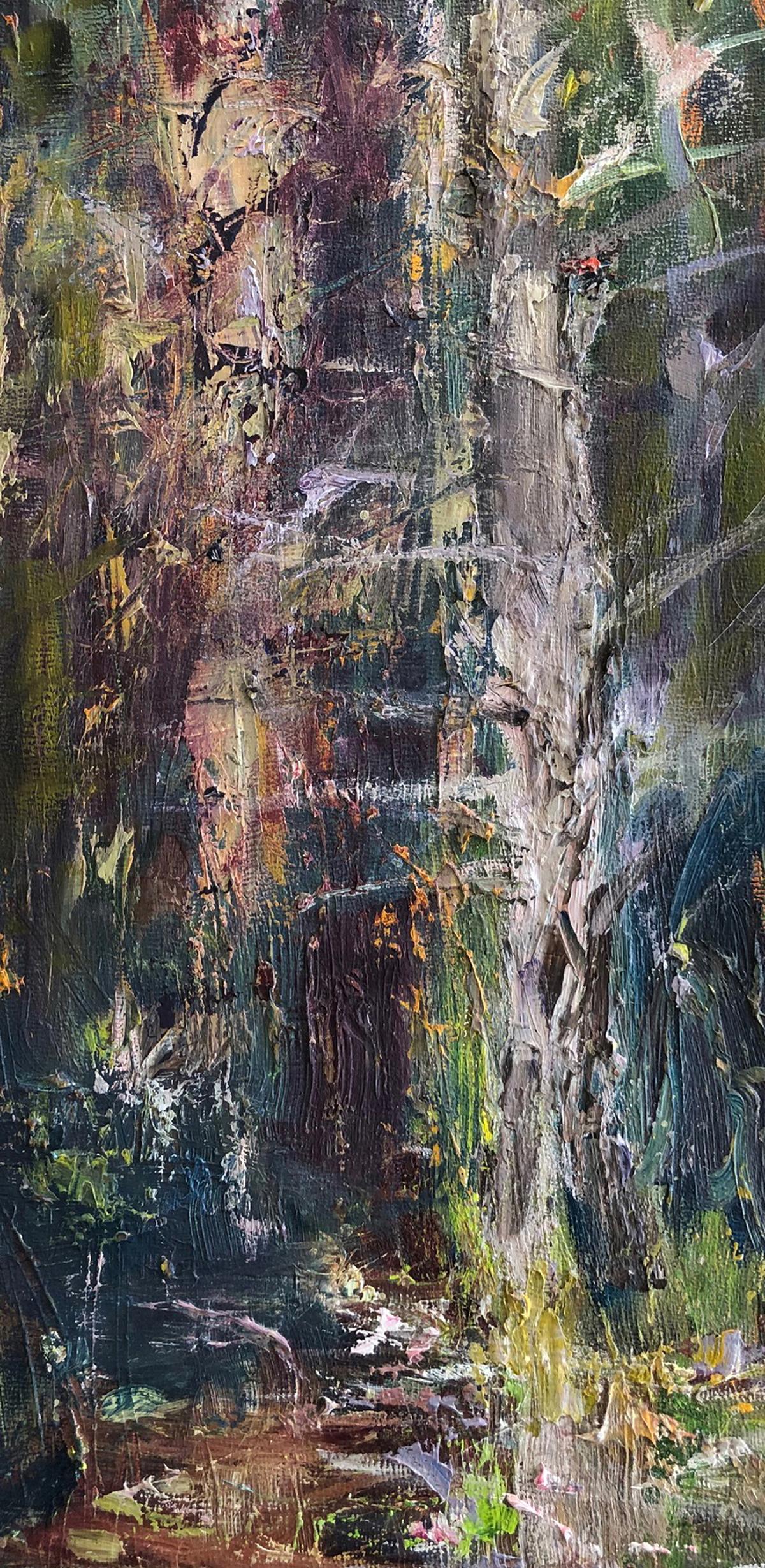 "Essence of the Forest", abstract, grays, browns, purples, greens, oil painting - Painting by Catherine Picard-Gibbs