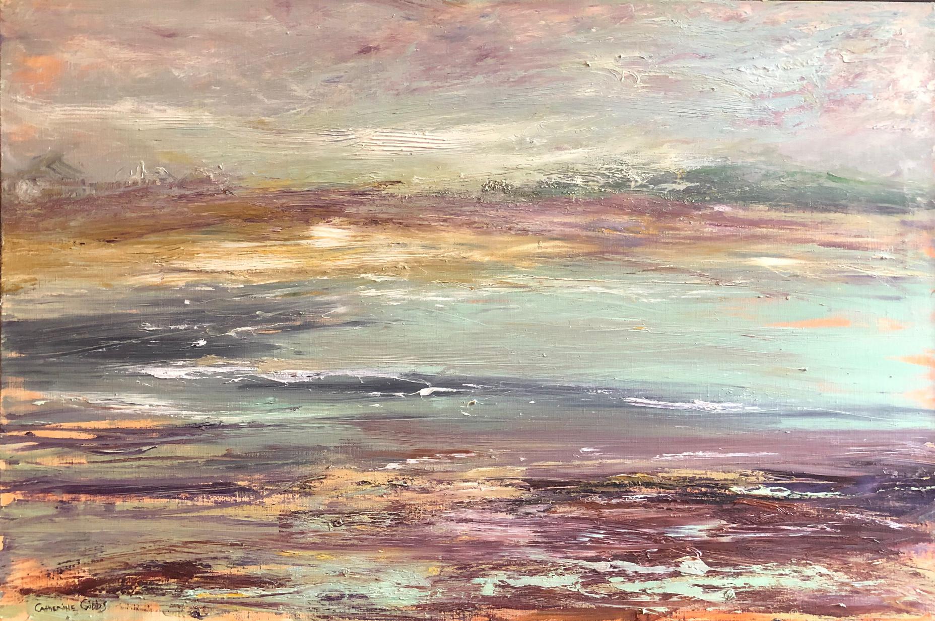 Catherine Picard-Gibbs Abstract Painting - "Fog Rising", oil painting, beach, New England, landscape, blues, grays, browns
