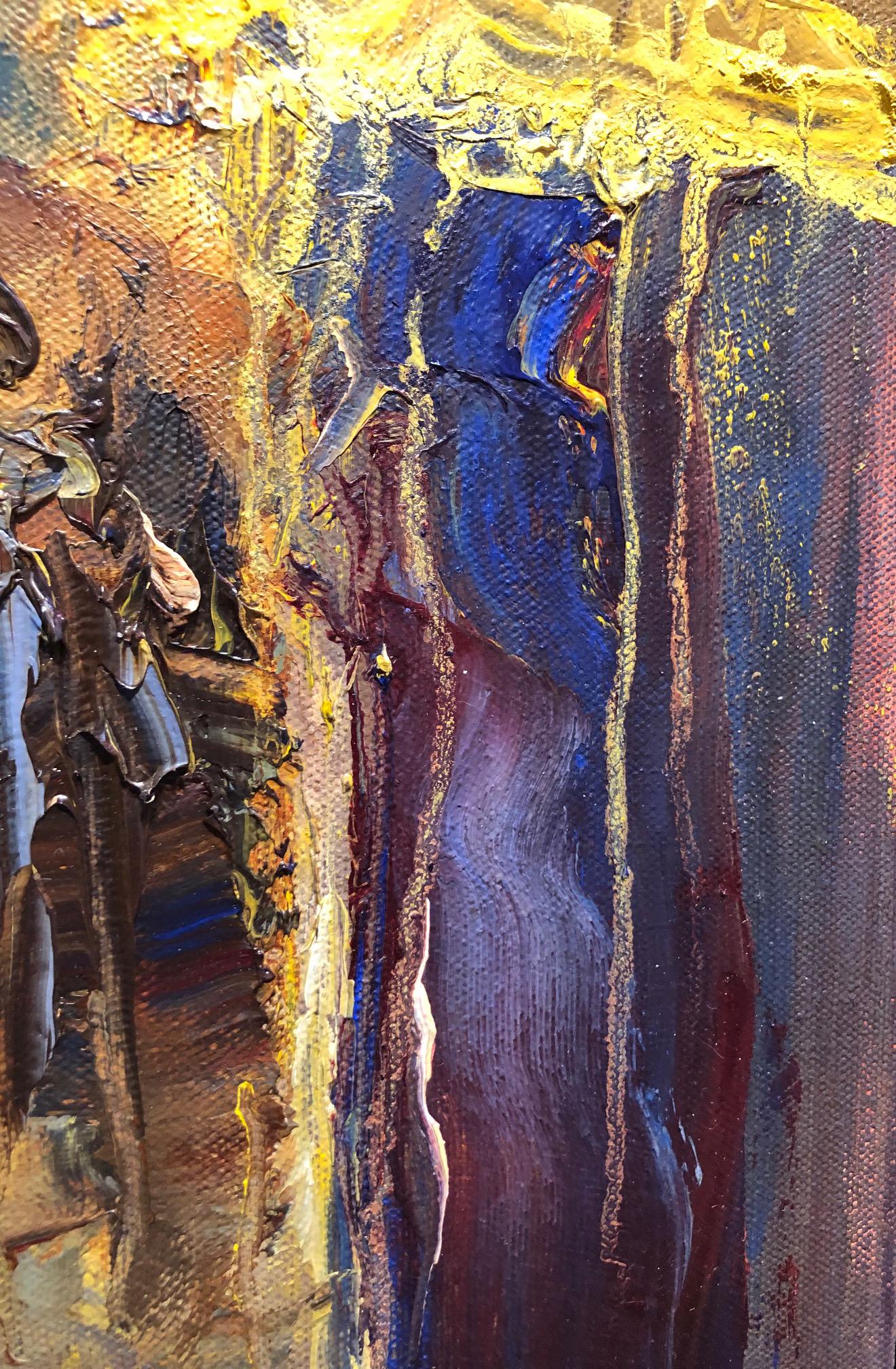 “Golden Altar” by Catherine Picard-Gibbs is a expressionist interior church scene. This evocative 24 x 20 x 1 7/8 inch oil on canvas painting depicts a golden encrusted altar. The textural brush work in rich golds contrasted with purples and blues