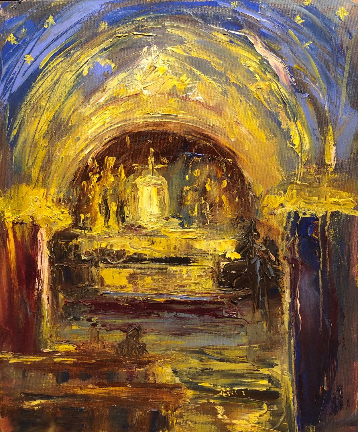 "Golden Altar", expressionist, church, golds, purples, blues, oil painting - Painting by Catherine Picard-Gibbs