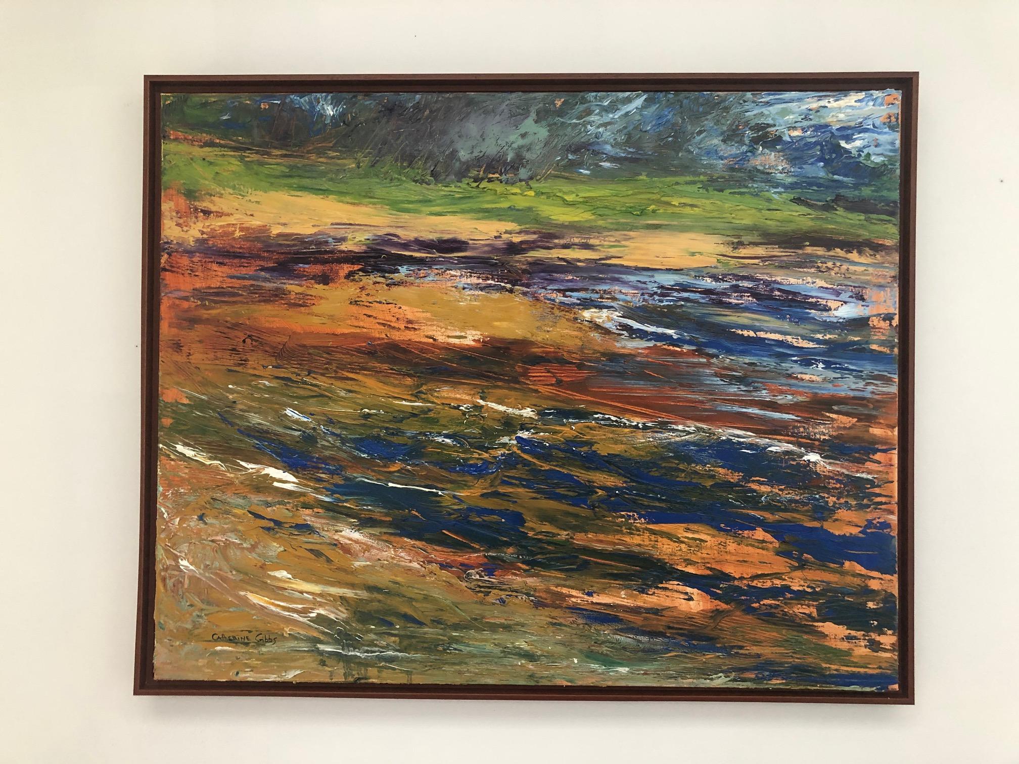 « High Tide », paysage, Nouvelle-Angleterre, plage, bleu, vert, peinture à l'huile - Painting de Catherine Picard-Gibbs