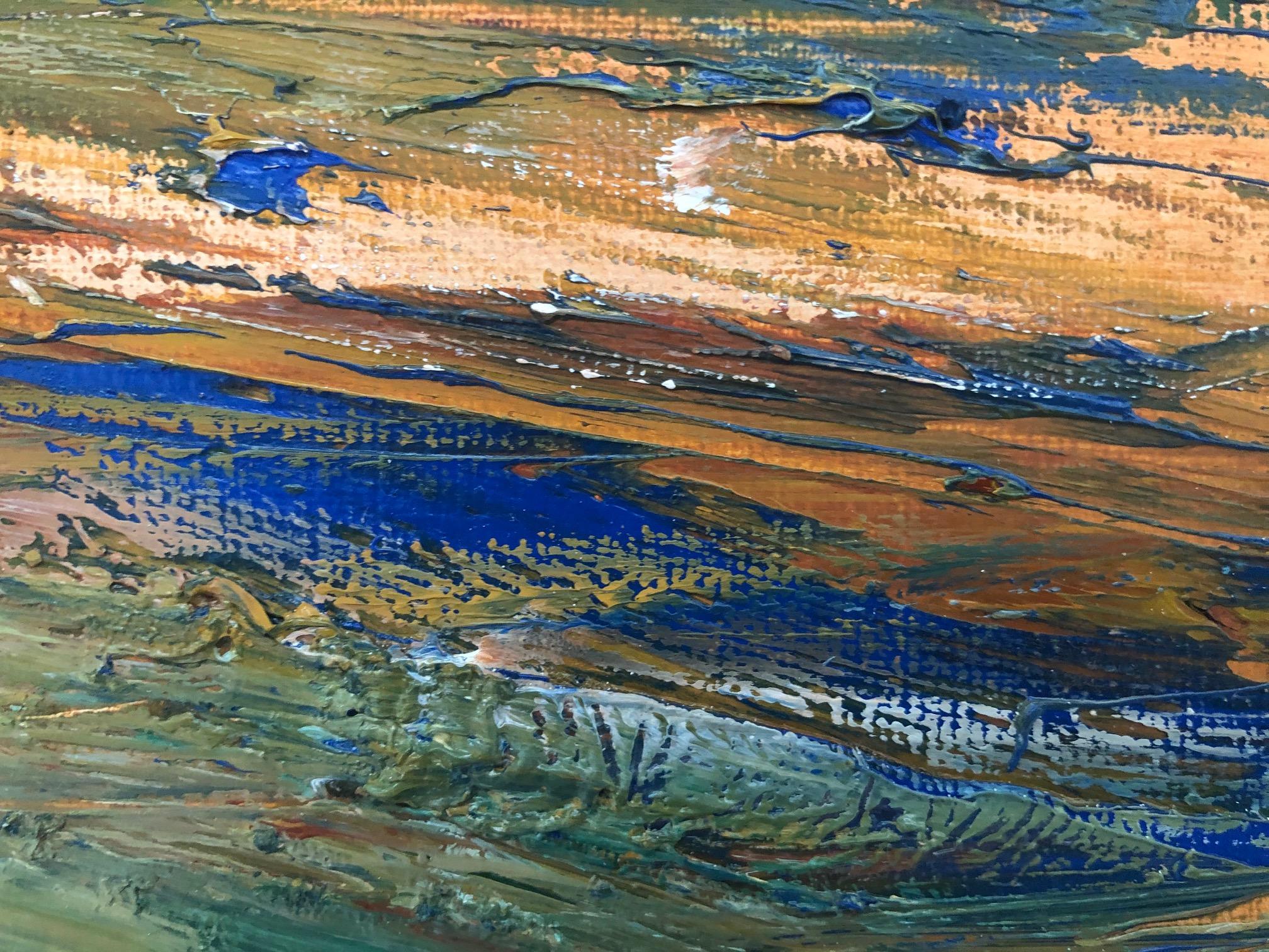 « High Tide », paysage, Nouvelle-Angleterre, plage, bleu, vert, peinture à l'huile - Marron Landscape Painting par Catherine Picard-Gibbs