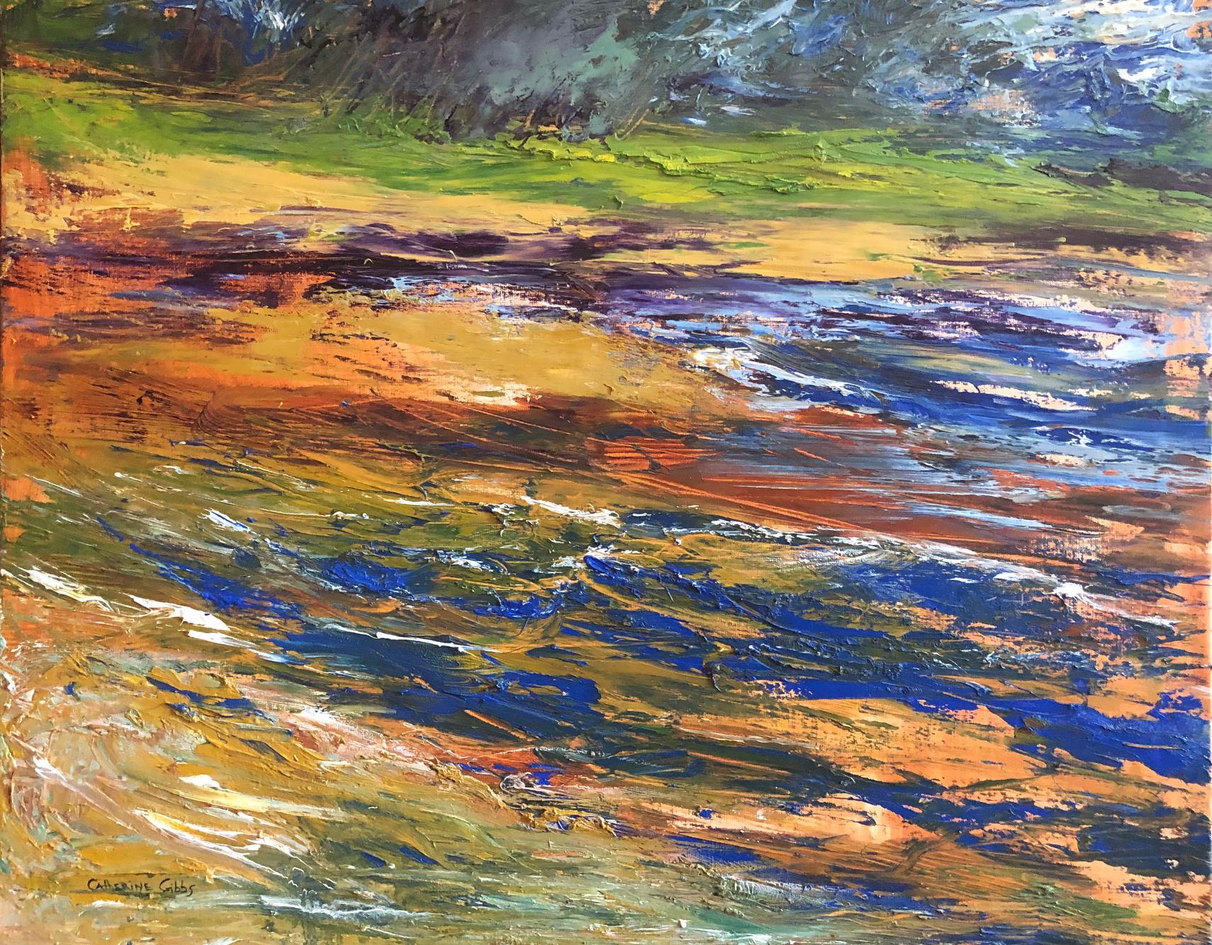 Landscape Painting de Catherine Picard-Gibbs - "Marea alta", Abstracto, Paisaje, Nueva Inglaterra, Playa, Azul, Pintura al óleo, 2020