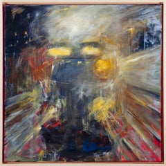"In Flight", Catherine Gibbs, oil painting, train, motion, dark, blue, red