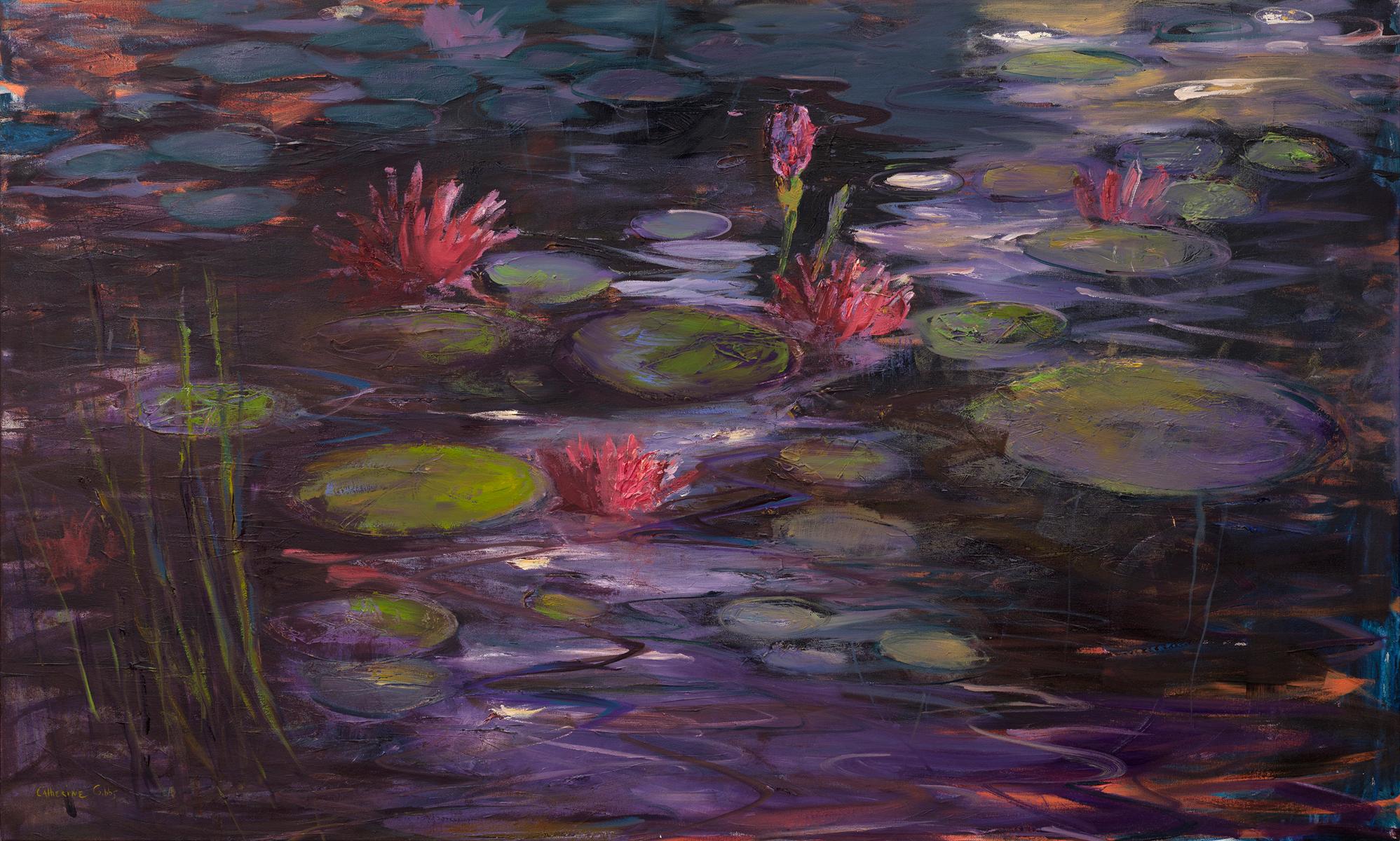 Catherine Picard-Gibbs Landscape Painting - "Moonlit Water Lilies", landscape, textural, purples, pink, green, oil painting