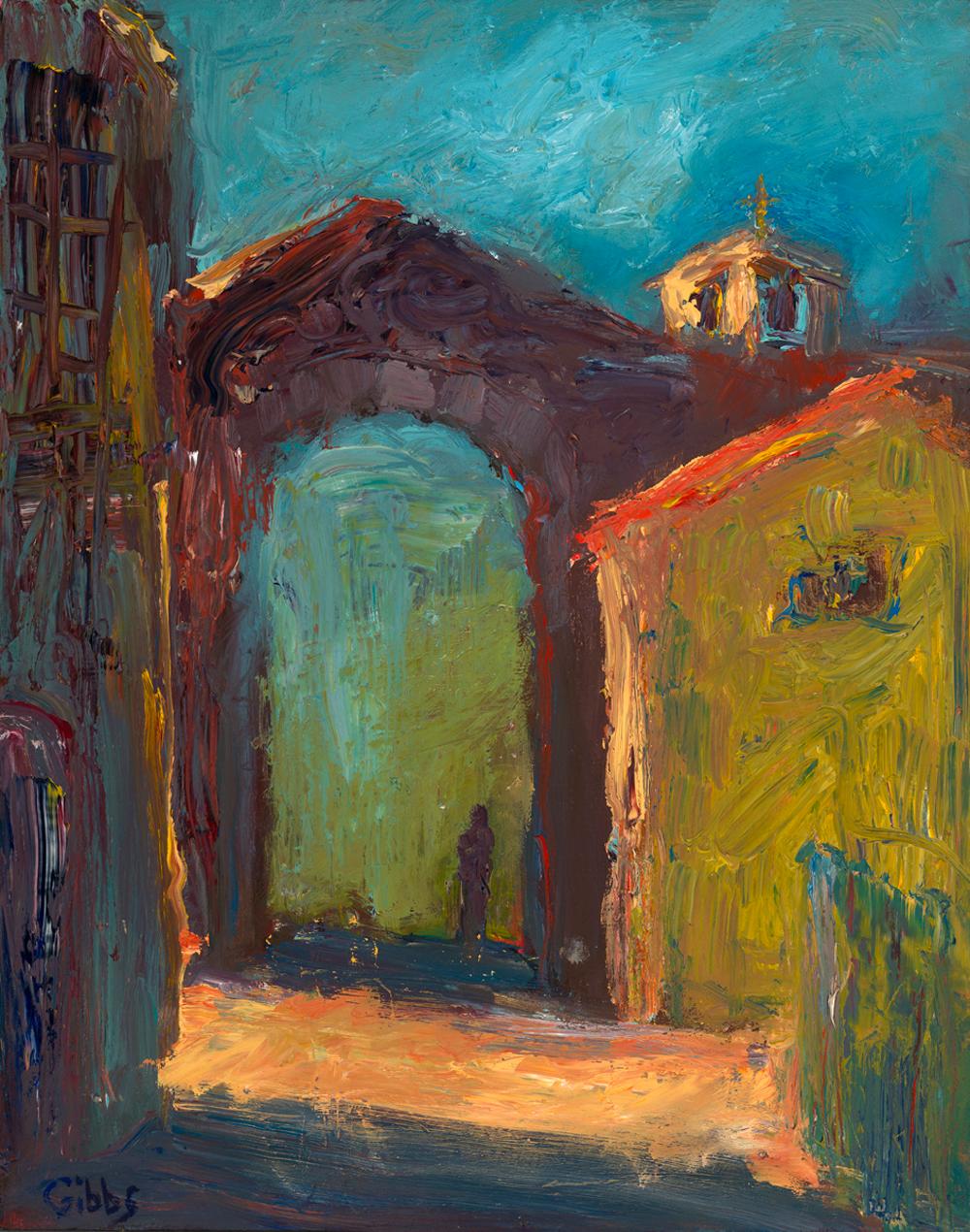 Landscape Painting de Catherine Picard-Gibbs - "Ombre", expresionista, paisaje urbano toscano, amarillo, rojo, azul. verde, óleo