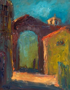 "Ombre", expressionist, Tuscan cityscape, yellow, red, blue. green, oil painting