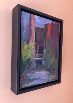 "Studio Canal", contemporain, urbain, usine, orange, rouge, bleu, peinture à l'huile.