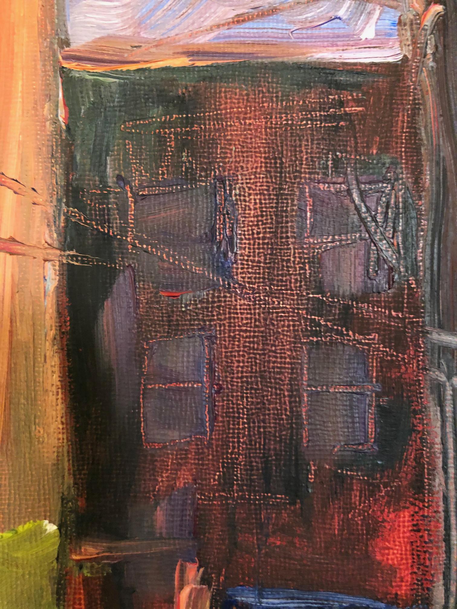 “Studio Canal” by Catherine Picard-Gibbs is a textural urban scene depicting strong sunlight illuminating a factory studio building at dusk. This effect is achieved by the use of brilliant oranges and reds for the building, contrasted with the water