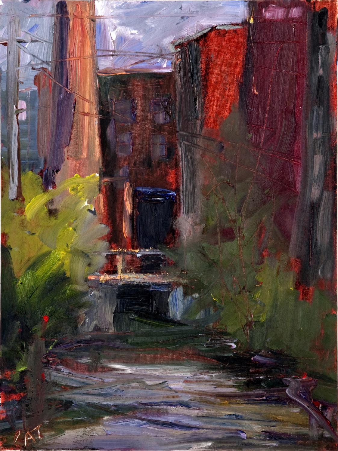 "Studio Canal", urban, factory, textural, oranges, reds, blue, oil painting