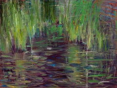 "Watery Delight", oil painting, landscape, marsh, greens, blues, purples, reds