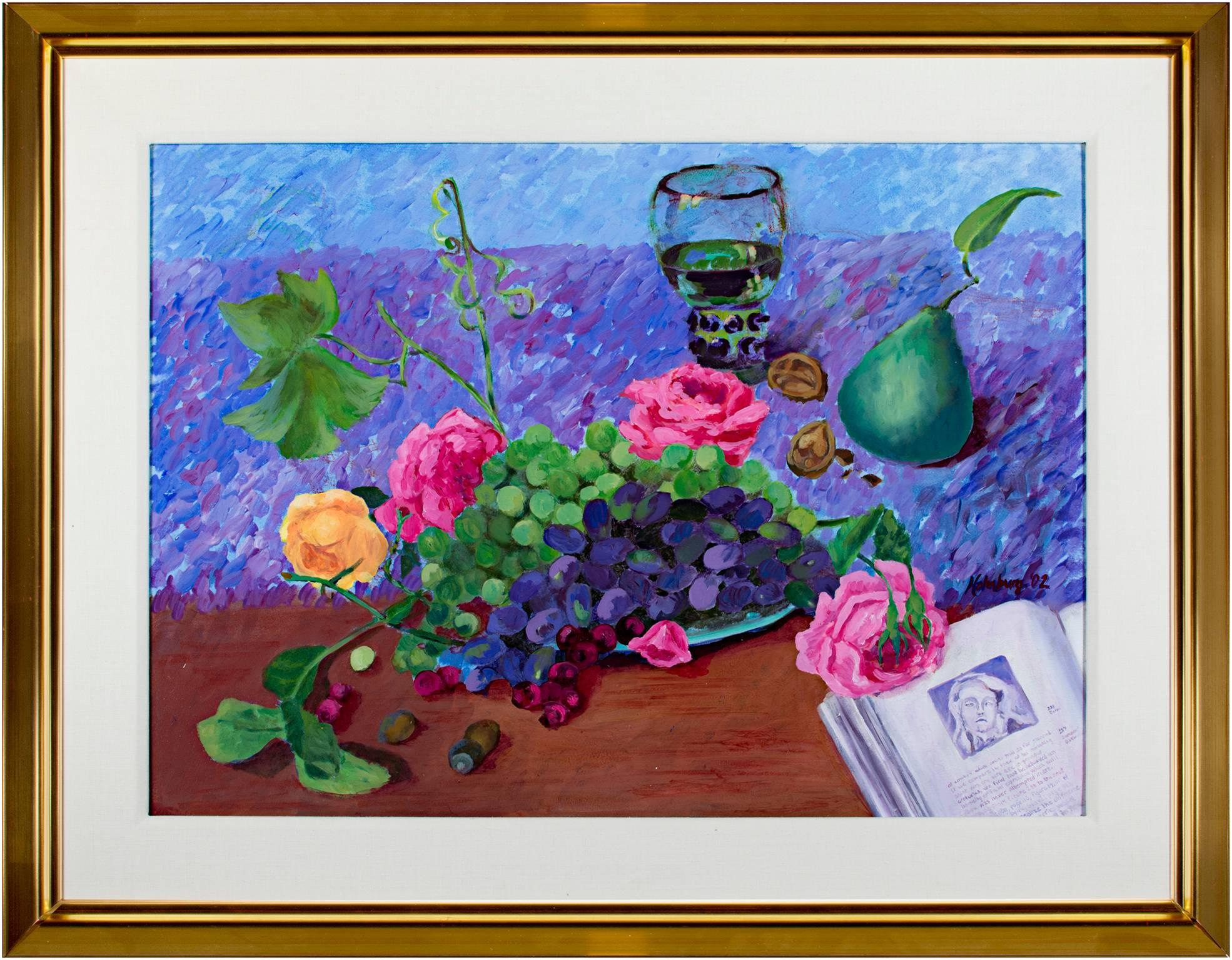 « Roses & Grapes with Pear and Book » (Roses et raisins avec poire et livre), technique mixte signée par Catherine Holmburg en vente 4