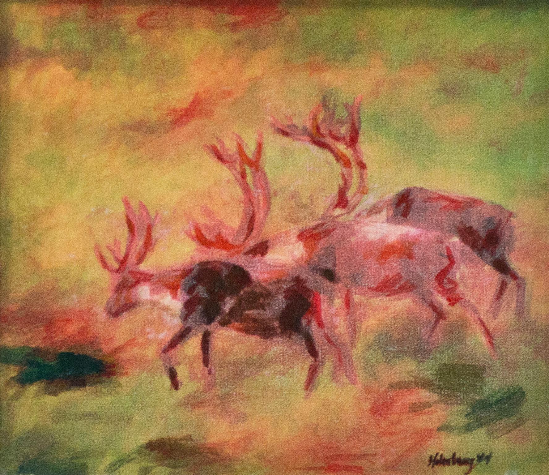 « Caribou in the Mist » (Caribou dans la miste) - technique mixte originale signée par Catherine Holmburg en vente 1