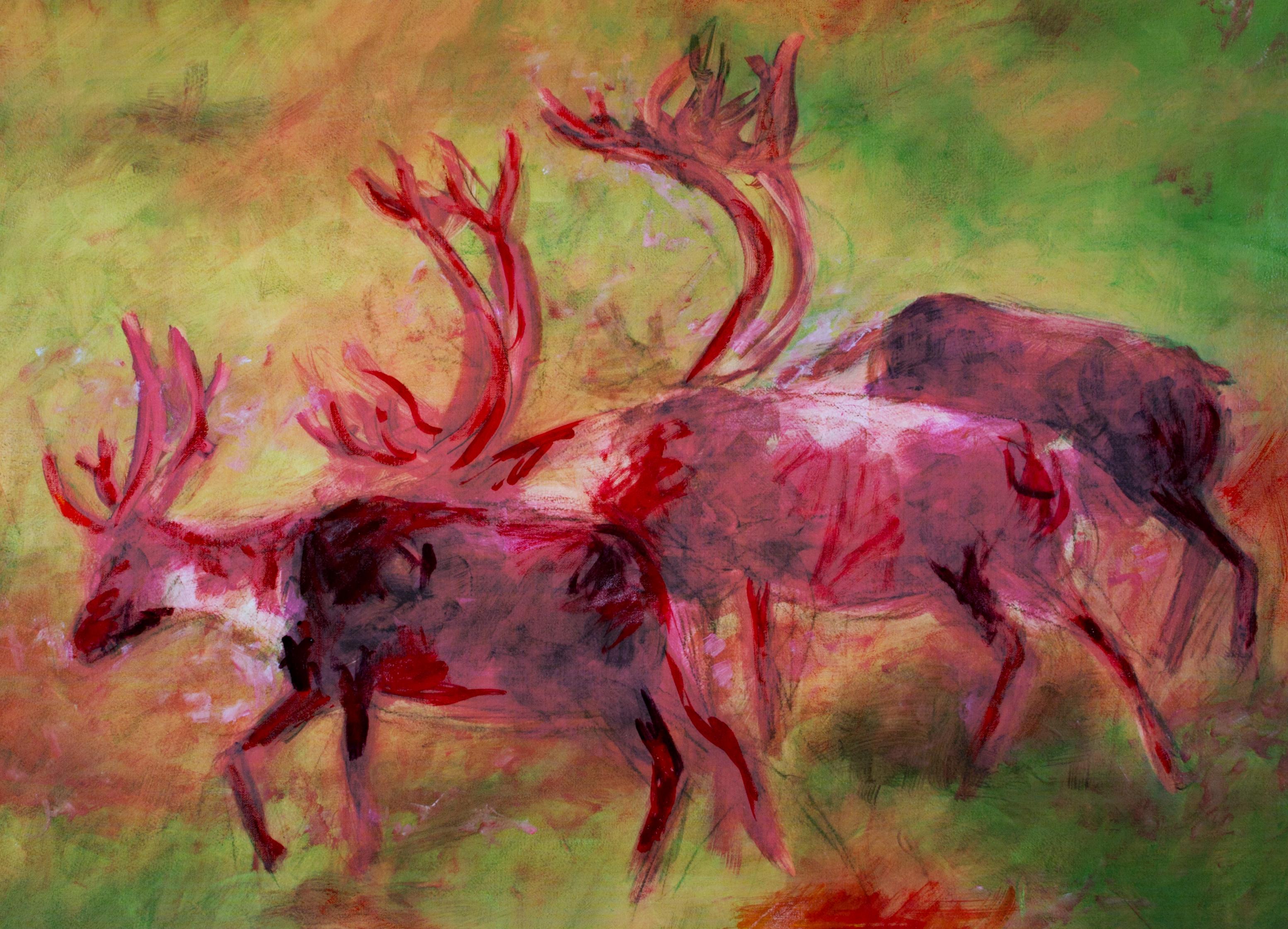 « Caribou in the Mist » (Caribou dans la miste) - technique mixte originale signée par Catherine Holmburg en vente 2