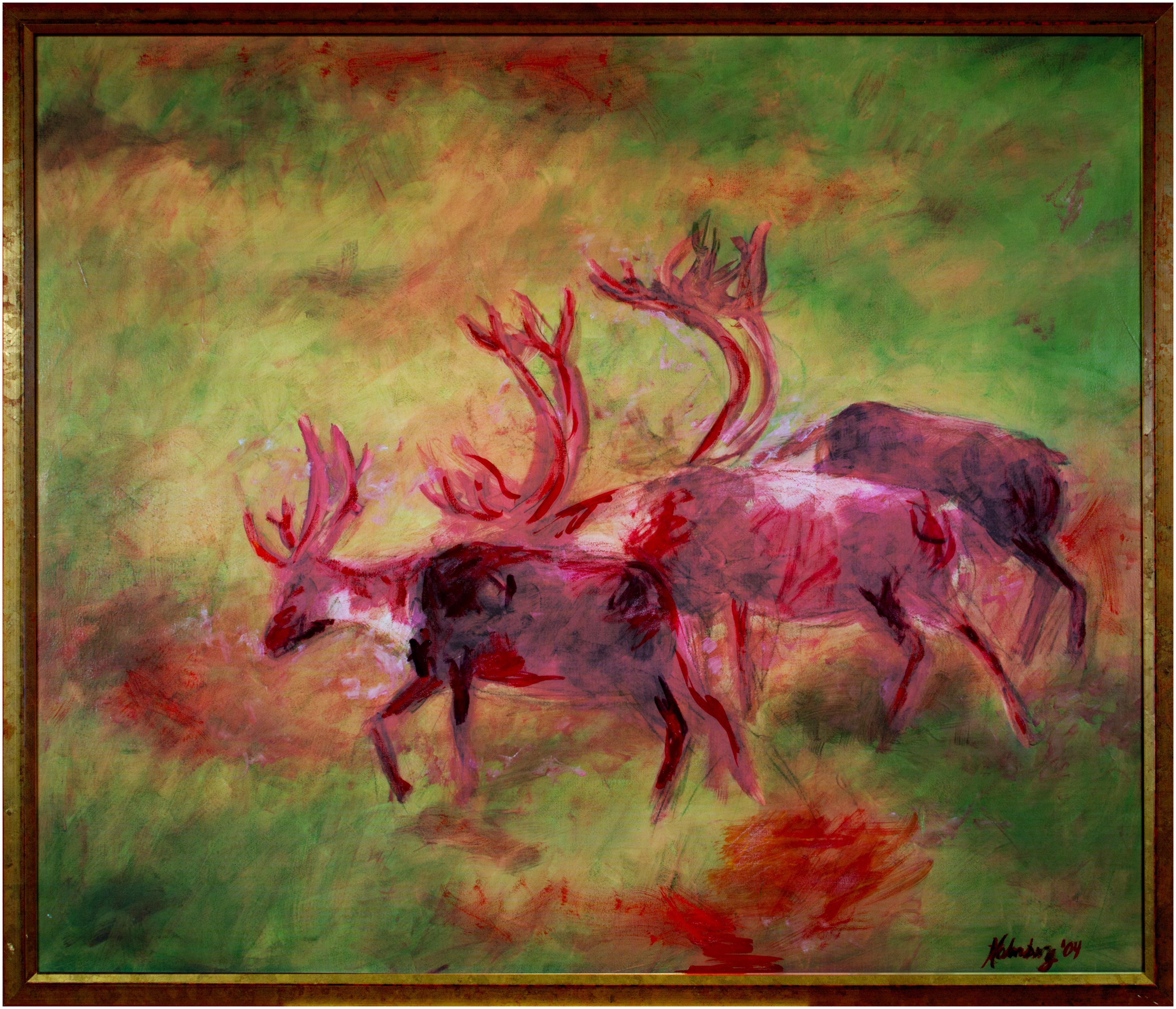 « Caribou in the Mist » (Caribou dans la miste) - technique mixte originale signée par Catherine Holmburg