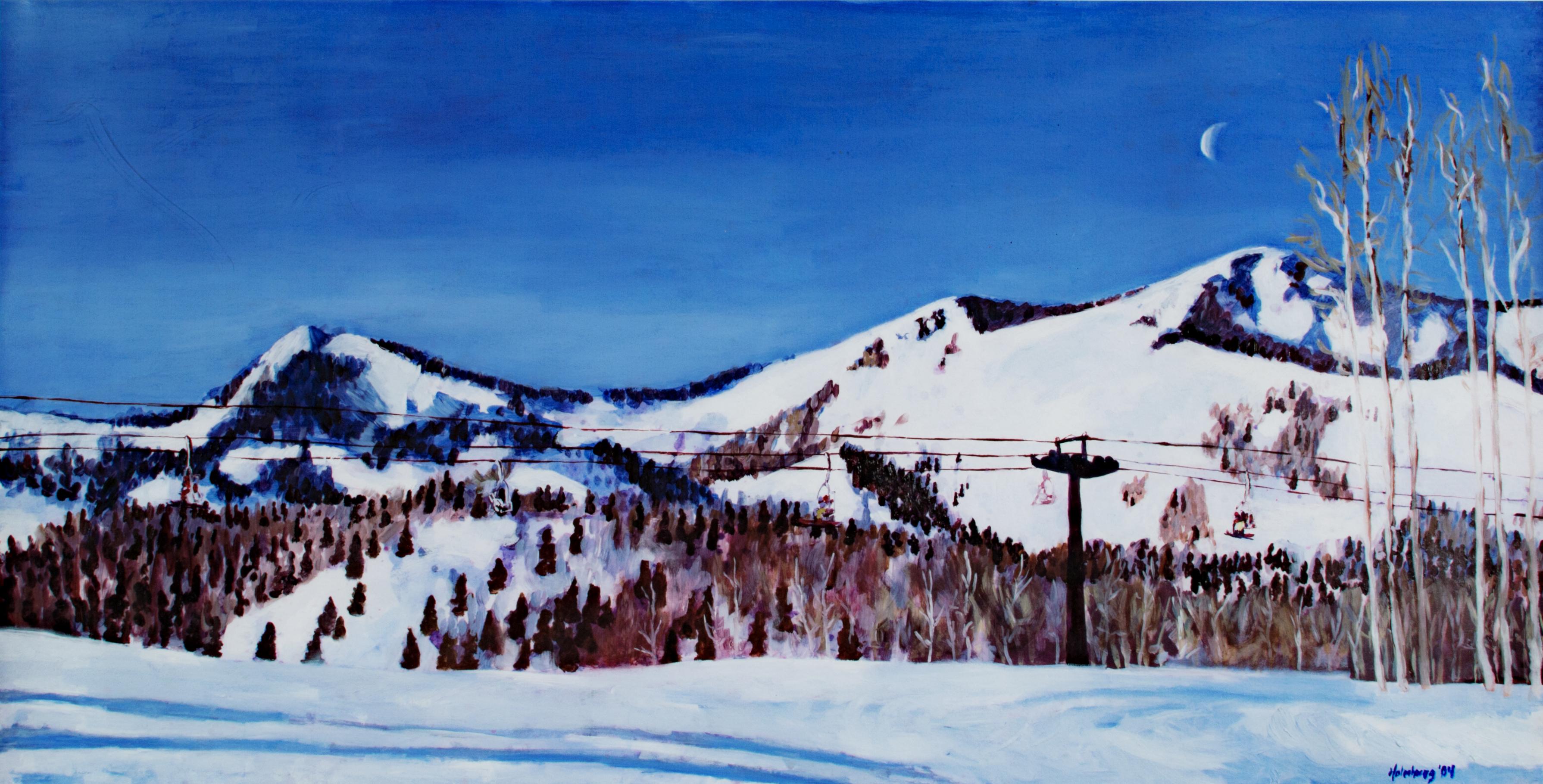 « Skiing in the Western Rockies » (Skiing dans les Rocheuses occidentales) - technique mixte originale de Catherine Holmburg en vente 1