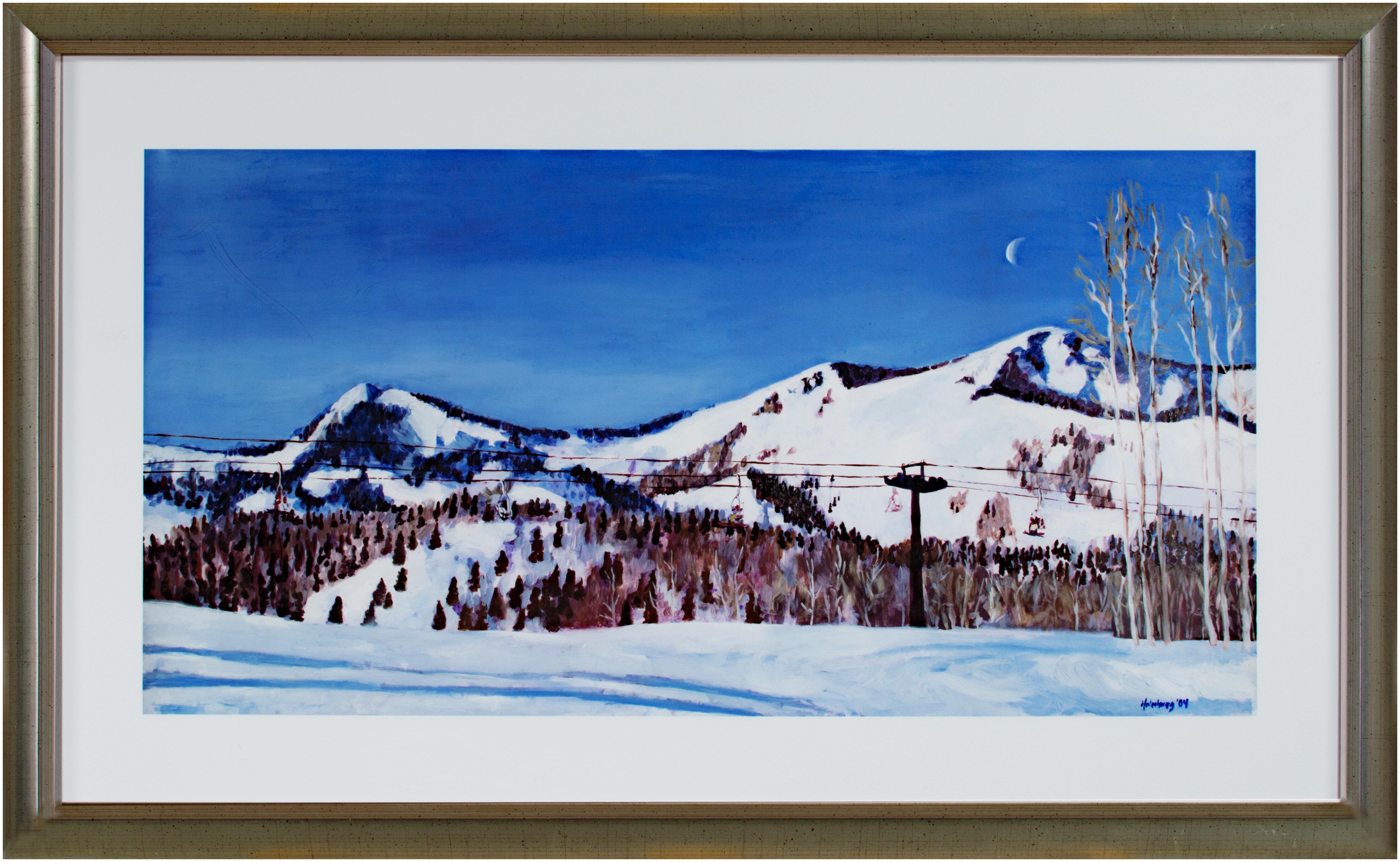 Contemporary landscape mixed media winter scene snow mountains ski trees signed