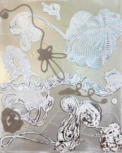 Pittura astratta, beige e bianco, riflettente "Fiore galleggiante n. 1".
